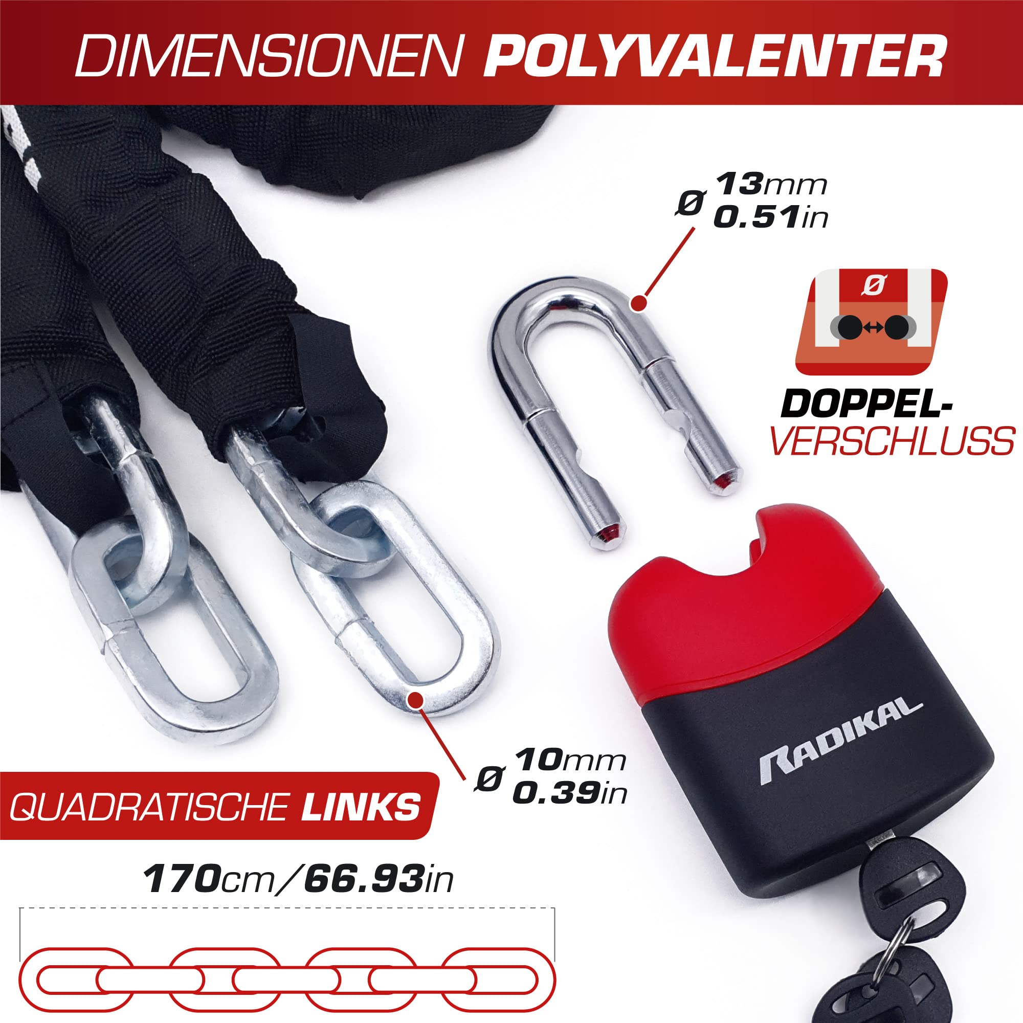 Radikal RK4170 Padlock and reinforced steel chain ø10, 170 cm with anti-theft protected arch Motorcycle, Scooter, Bike, Black