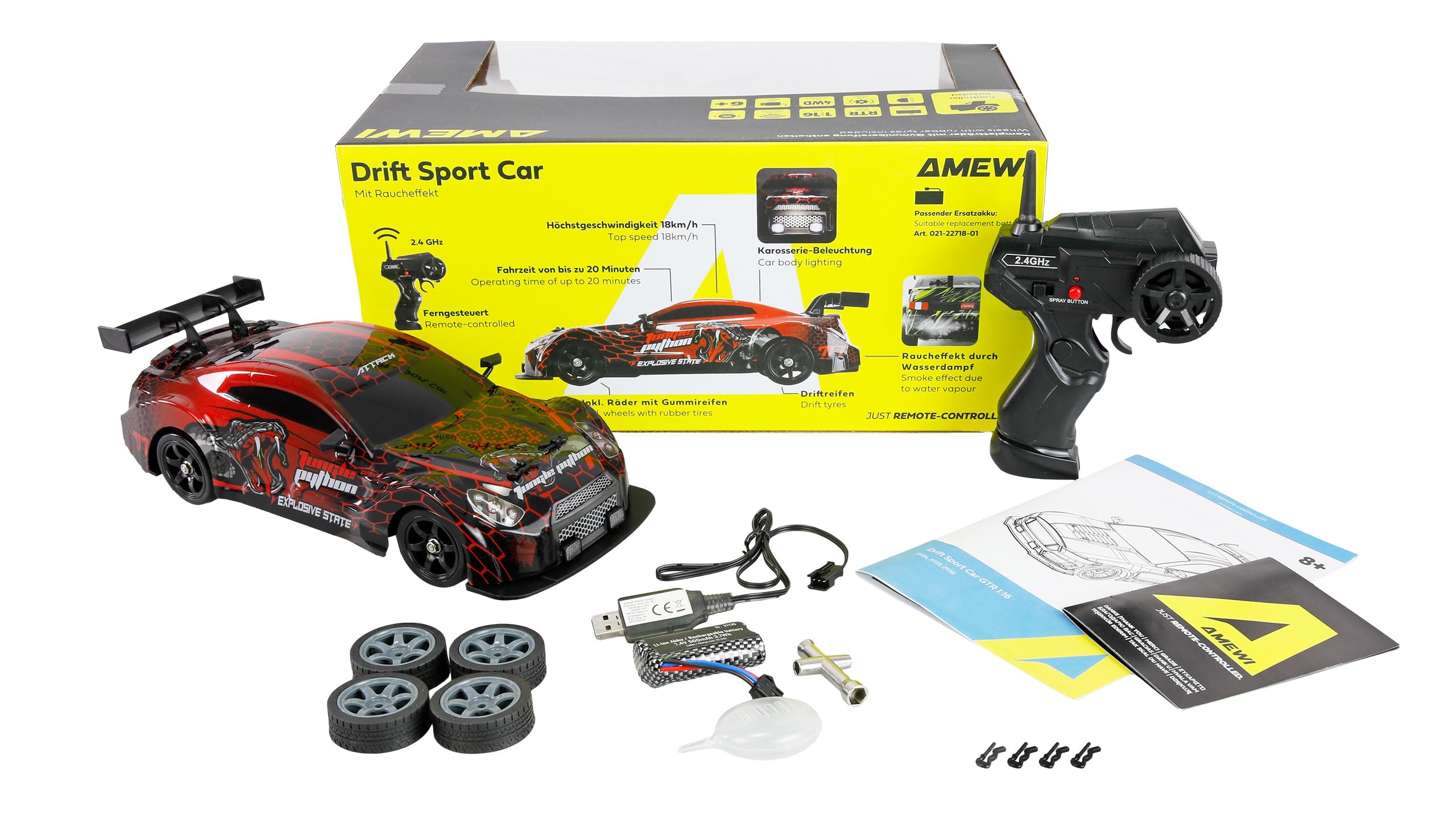 Zdalnie sterowany Drift Sport Car GTR z efektem dymu 4WD 1:16 RTR czerwony dzieci od 6 lat