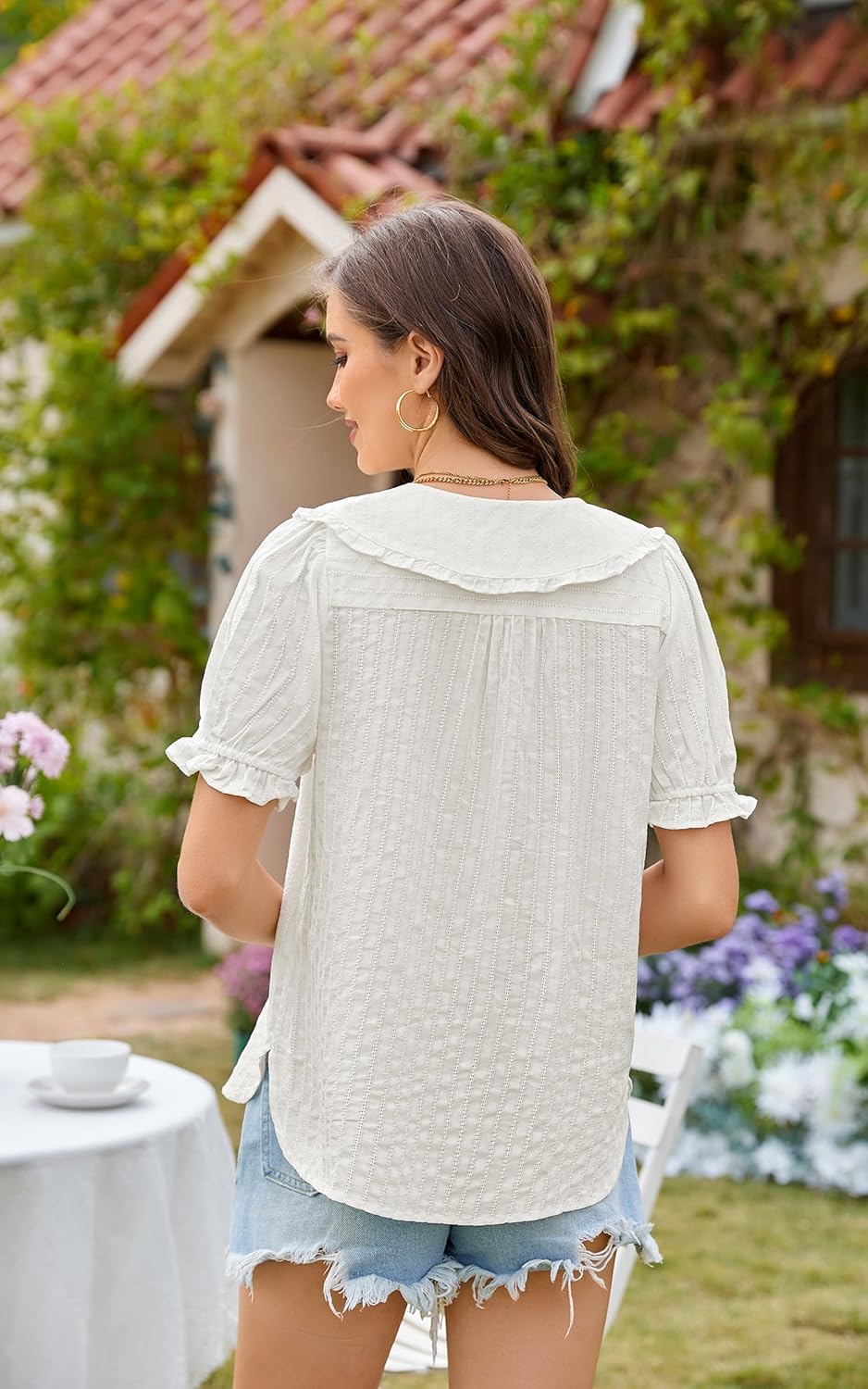 ECOWISH Women's Button Up Shirt - Peter Pan Collar Frilled Short Sleeve Summer Tops Casual Cotton Retro Floral Blouse - Image 7