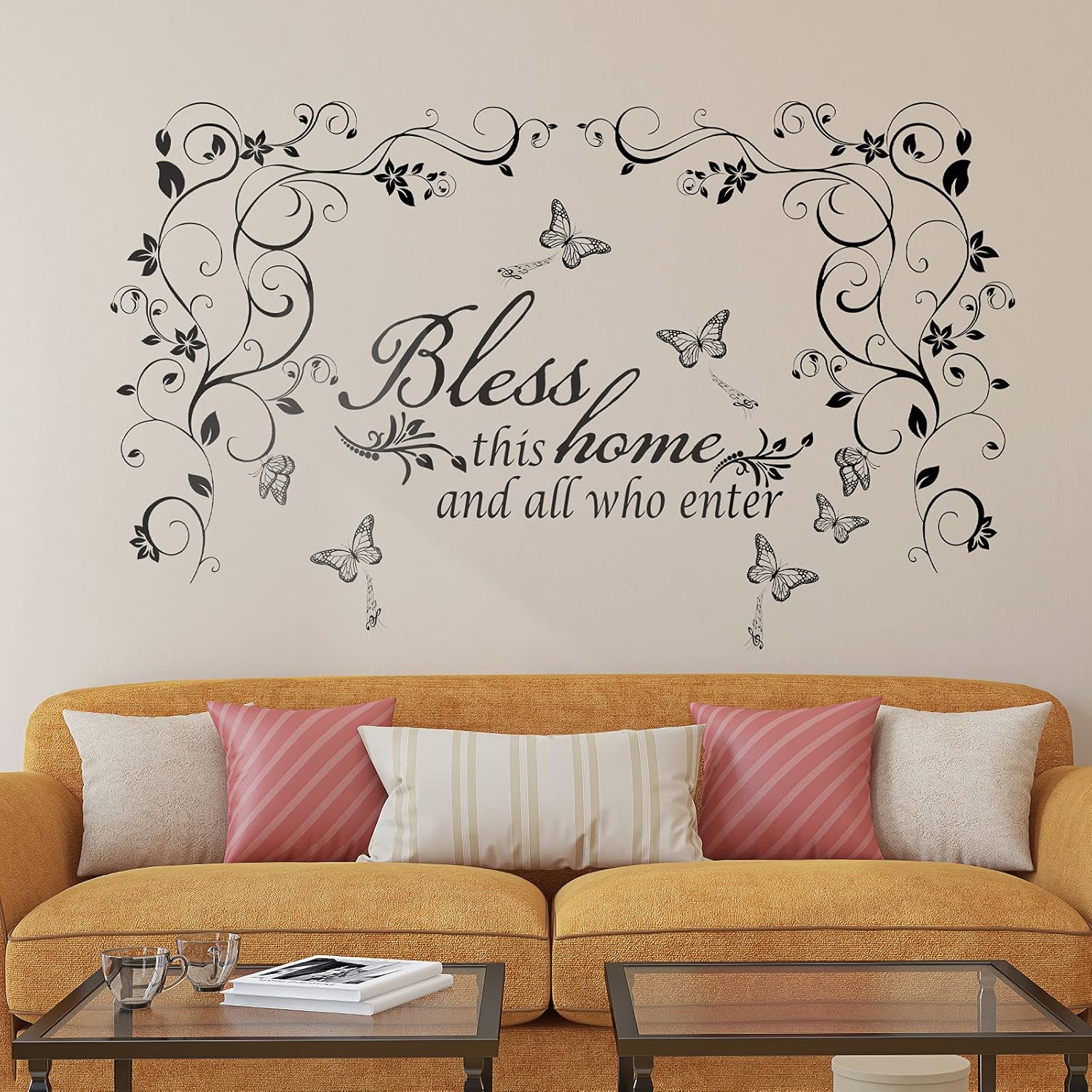 Vinyl Wall Quotes Bless This Home and All who Enter Wall Decals Removable Vinyl DIY Black Flowers Vine Wall Stickers Beautiful Butterfly Wall Sticker Murals Peel and Stick Art for Home Living Room: Kitchen & Dining