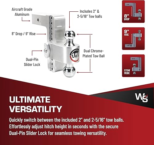 Miniatura 4 de Weigh Safe Soporte de bola de enganche de remolque ajustable, enganche de caída ajustable de 8 pulgadas para receptor de 2.5 pulgadas con juego de 4