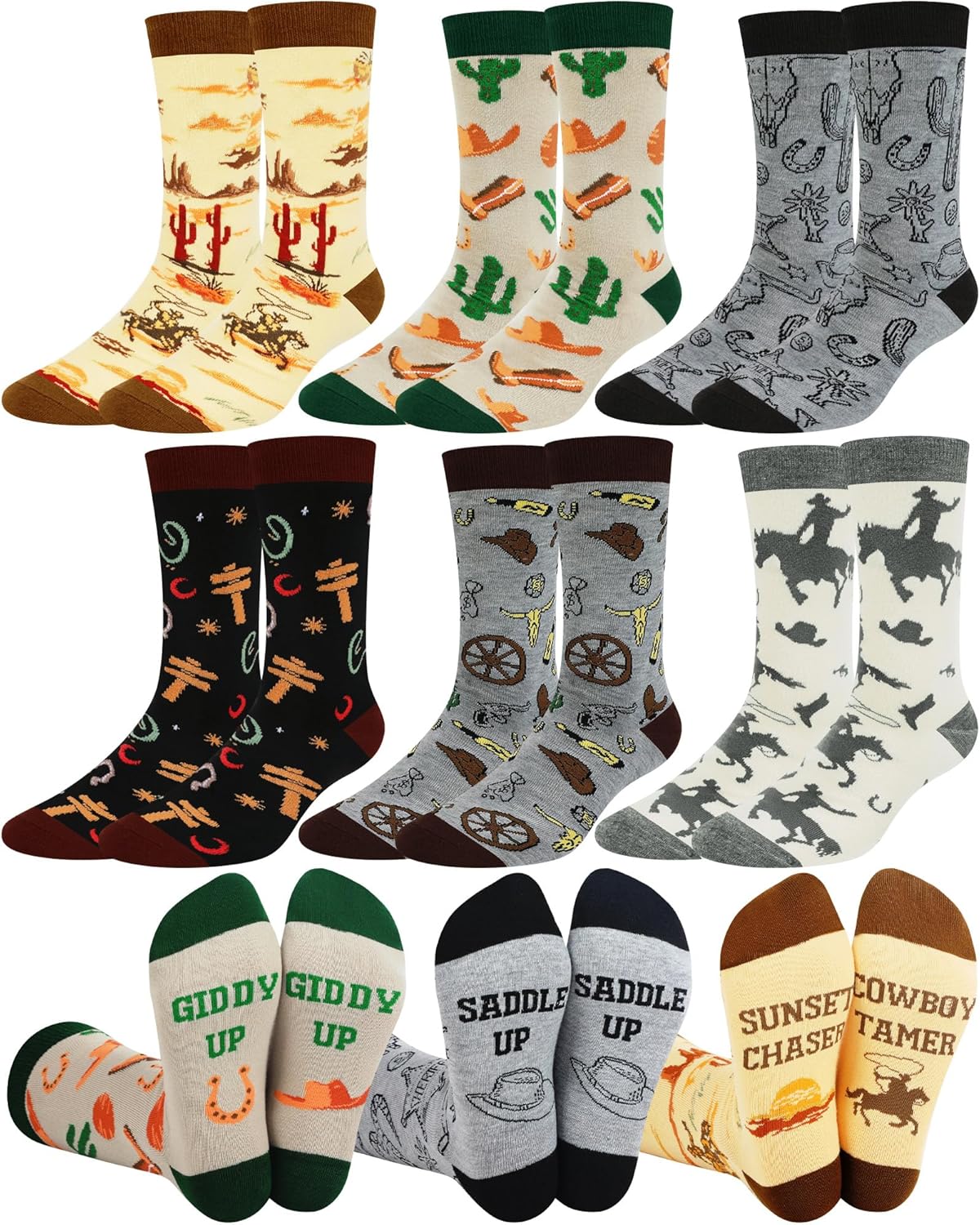 6 Pairs Western Crew Socks Horse Cowboy Boot Socks Cowgirl Casual Novelty Fun Gifts for Men Women Holiday Gifts