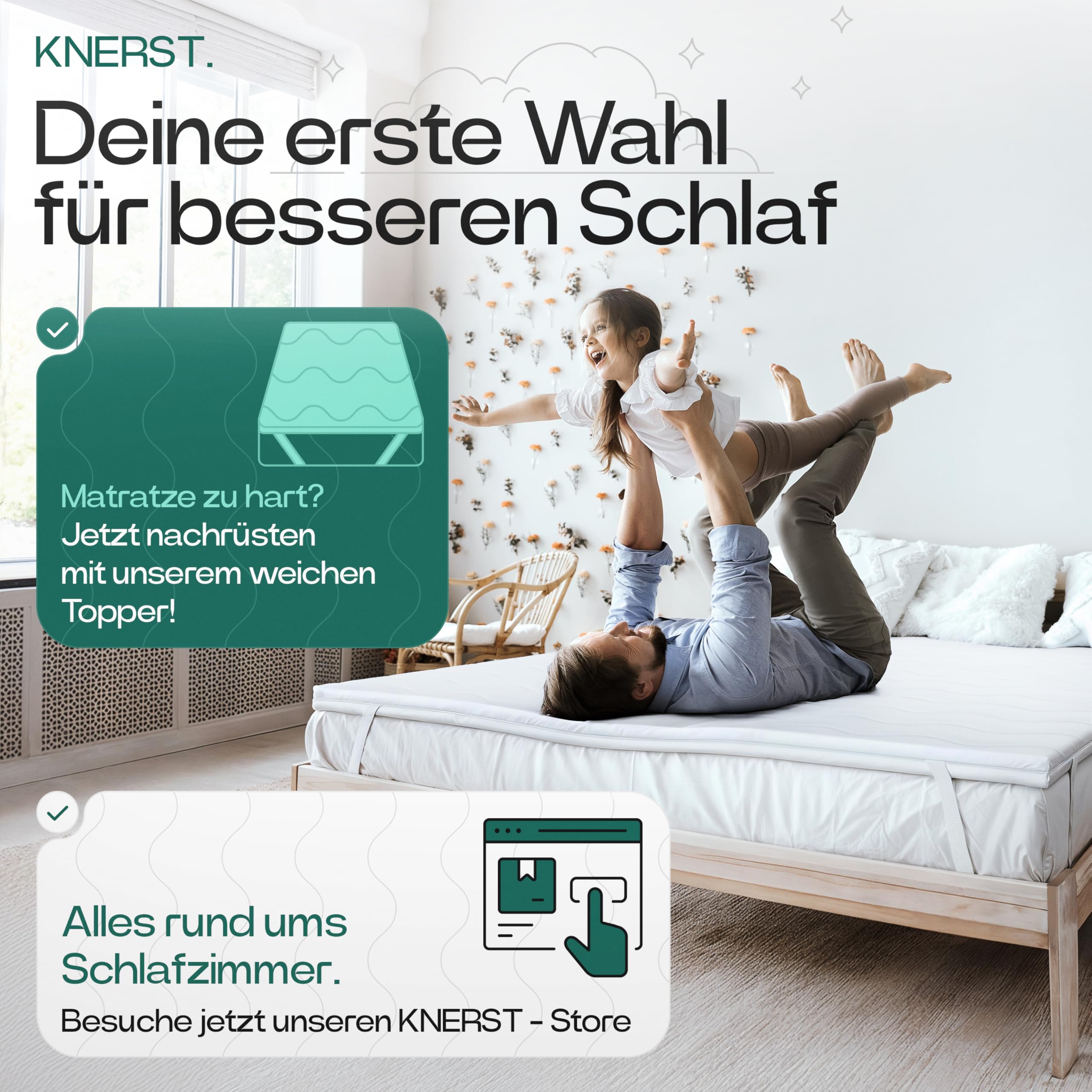 KNERST UNO Matratzentopper 90x200, Komfortschaum, Made in Germany, 5 cm | Matratzenauflage, Bett Topper, ergonomisch, atmungsaktiv, waschbarer Bezug, 4 Eckgummis, Komfortschaum Matratzentopper
