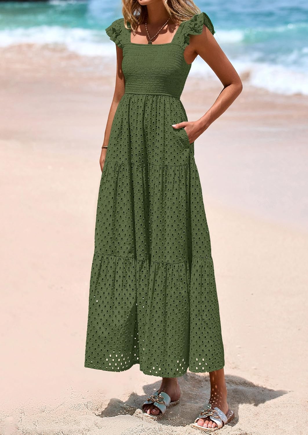 PRETTYGARDEN Womens Summer Square Neck Maxi Dresses Cap Sleeve Eyelet Smocked Tiered A Line Flowy Long Dress with Pockets - Image 3