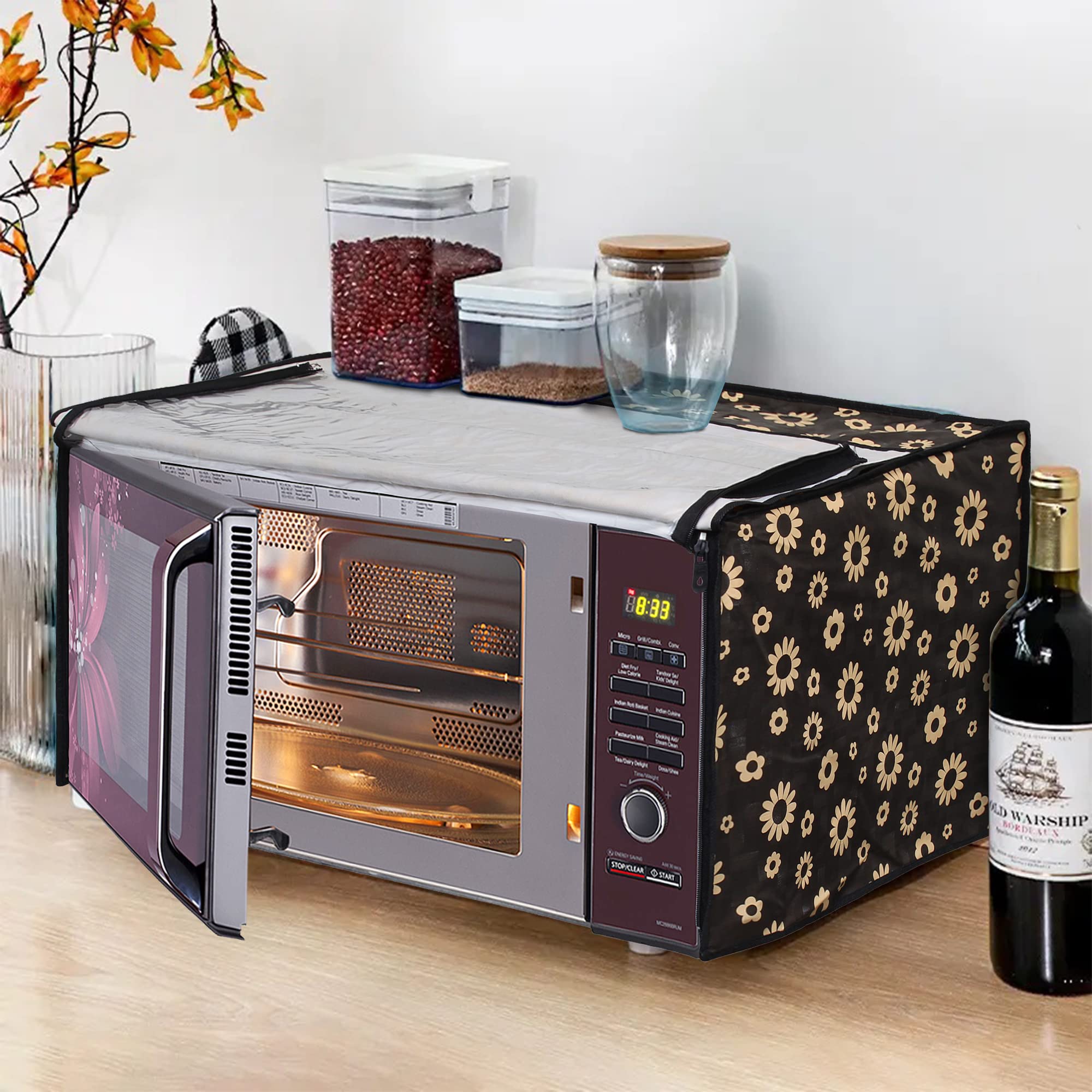 Glassiano Yellow Floral Printed Microwave Oven Cover for LG 21 Litre Convection Microwave Oven MC2146BP, Black