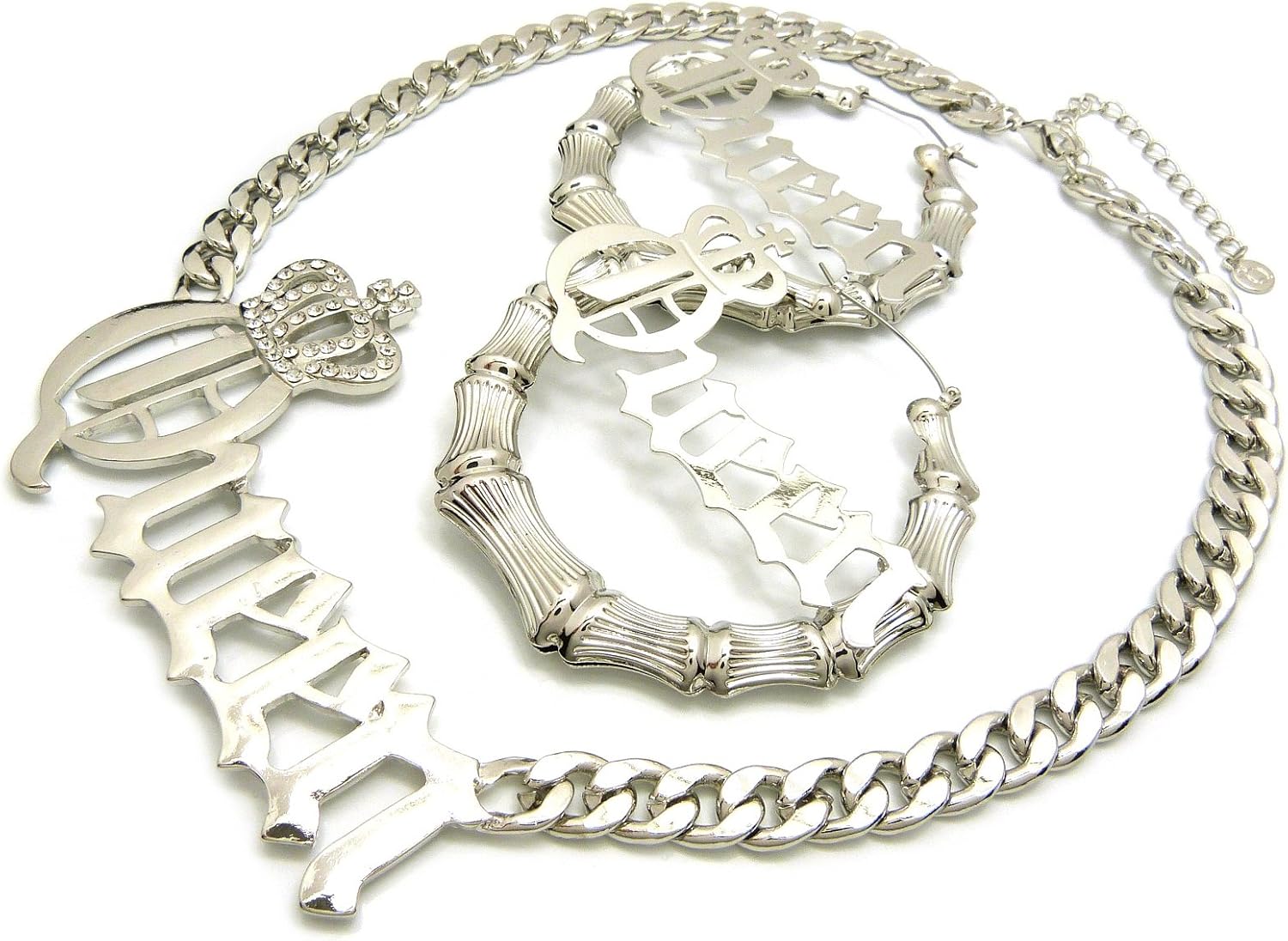 NYFASHION101 Stone Stud Crowned Queen Pendant Chain Necklace with Bamboo Hoop Pincatch Earrings Jewelry Set