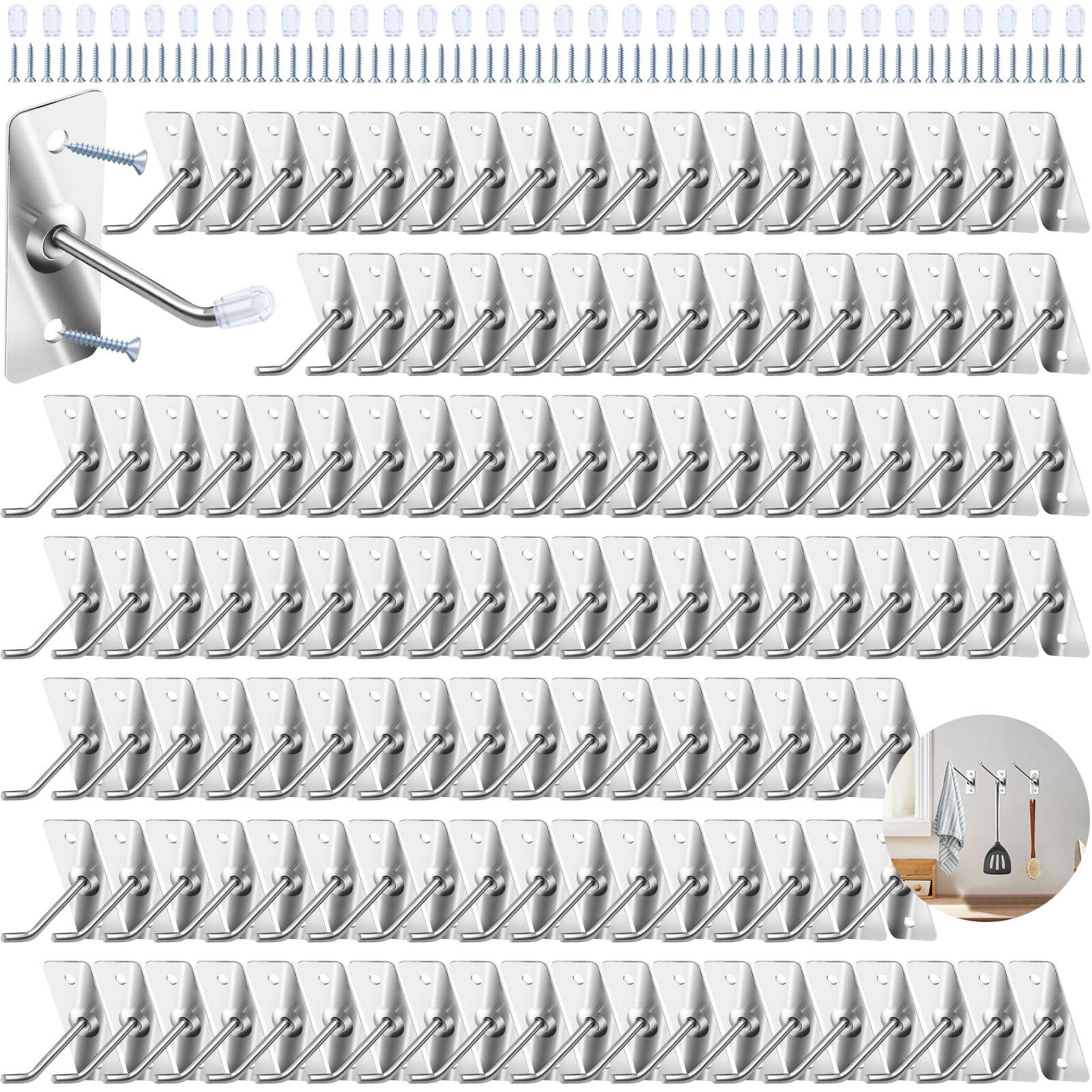 Waltool 60 Pcs Stainless Steel Wall Mounted Hook with Rubber Protective Caps and Screws, Home Storage Organizer Hangers for Garage Shop Retail Office Kitchen Store Display (2"/5CM)