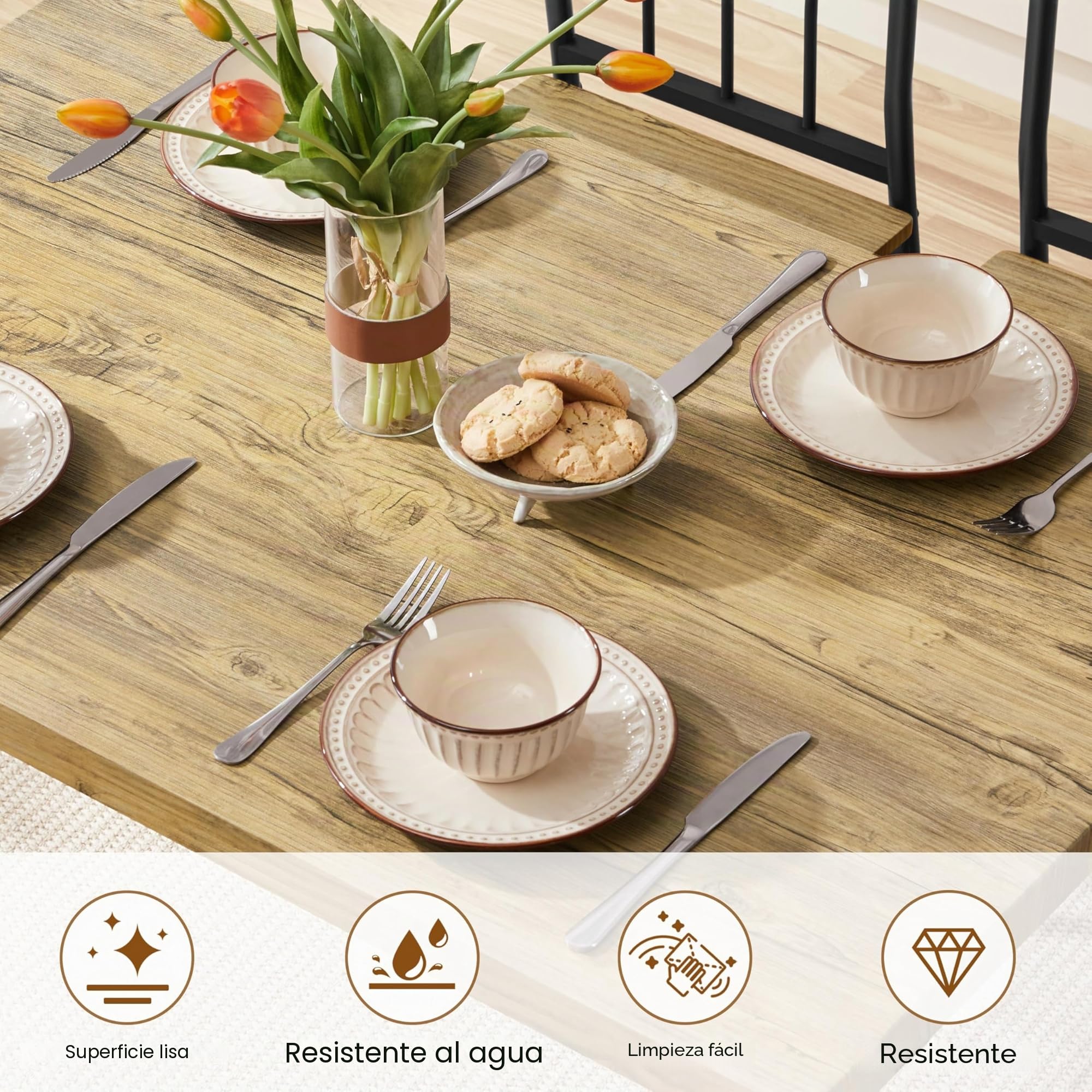 Yaheetech Conjunto Mesa y 4 Sillas de Comedor Tablero de 4 cm, Sillas Apilables, Estilo Industrial, Madera y Metal, para Cocina Pequeña, Apartamento o Terraza, Marrón, 110×70 cm