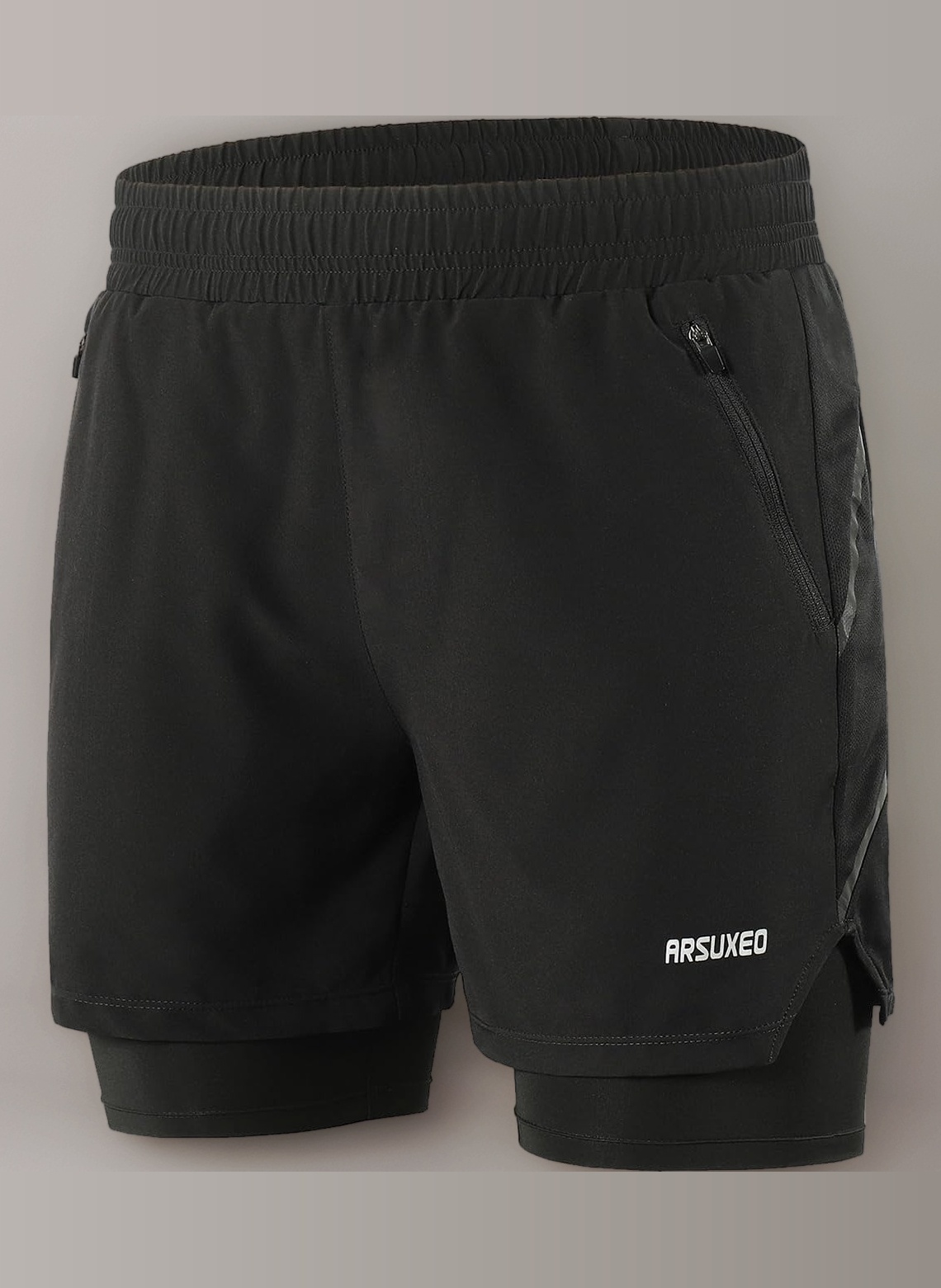 ARSUXEO Men's 2 in 1 Active Running Shorts with 2 Zipper Pockets B191