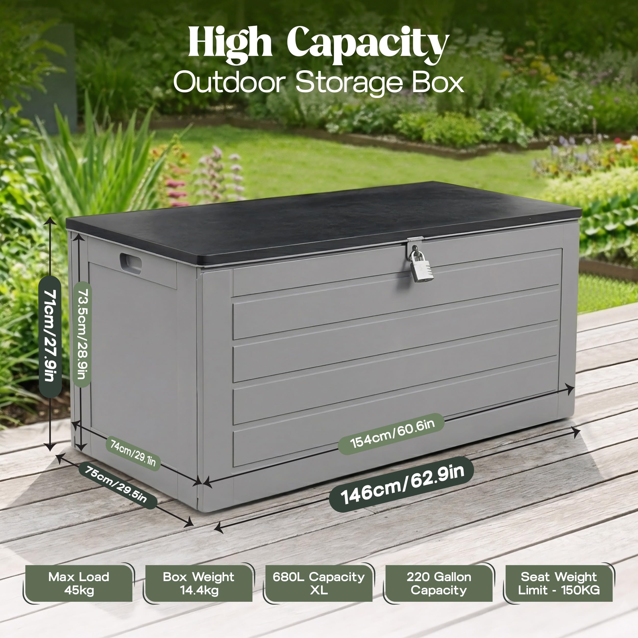 Olsen & Smith 680L XL Outdoor Garden Storage Box, Weatherproof Wood Effect Outdoor Storage Box, Lockable Large Storage Box with Lid, Padlock, Seat, Storage Boxes with Lids, Anthracite, 146 x 71 x 75cm — view 3