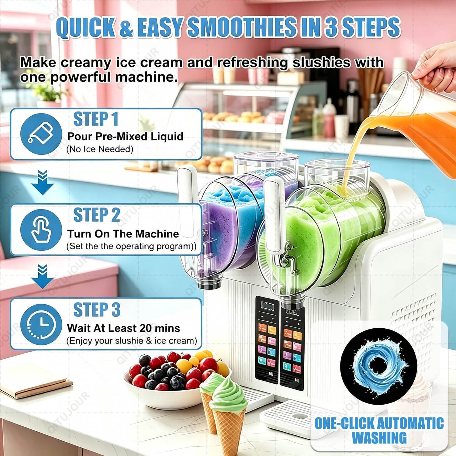 2-zbiornikowa maszyna do slushie do domu, ekspres do napojów z 7 programami, nie wymaga lodu, automatyczne czyszczenie, idealny do margarity, koktajli, smoothie, łatwy w użyciu