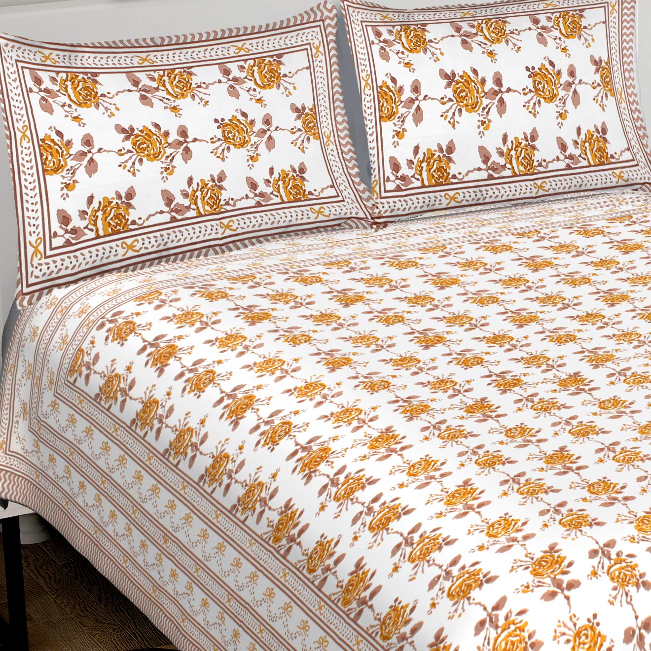 DecorVilla100% Cotton Floral Printed Bedsheet 260 Thread Count with Two Pillow Covers Musterd TEC_111