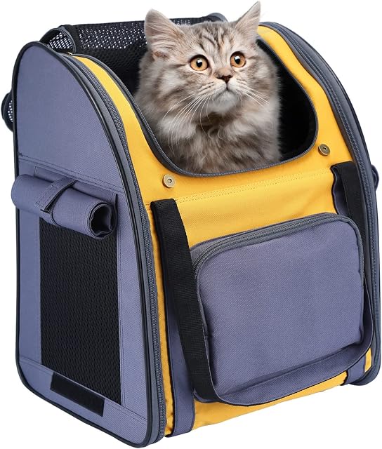 PETTOM Pet Backpack Carrier for Dogs Cats Puppies Bunny, Pet Carry Bag with Ventilated Design, Sun-proof Curtains, Two-Sided Entry, Head Window, Removable Fleece Mat for Outdoor Travel Hiking
