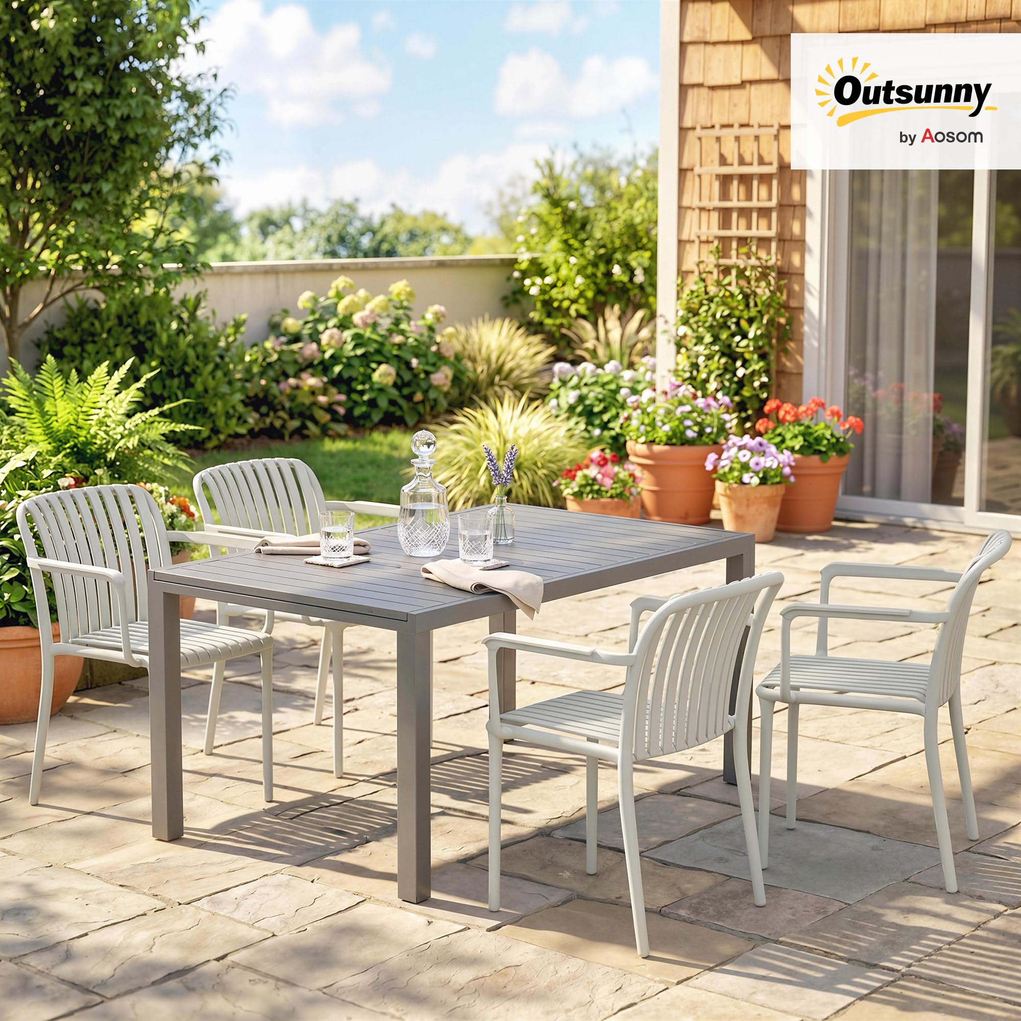 Outsunny Set 4 Sedie da Giardino Impilabili Anti UV con Braccioli Grigio | Polipropilene, Sedie per Pranzo da Esterno, Design a Doghe, per Patio Balcone Terrazza Esterno Interno