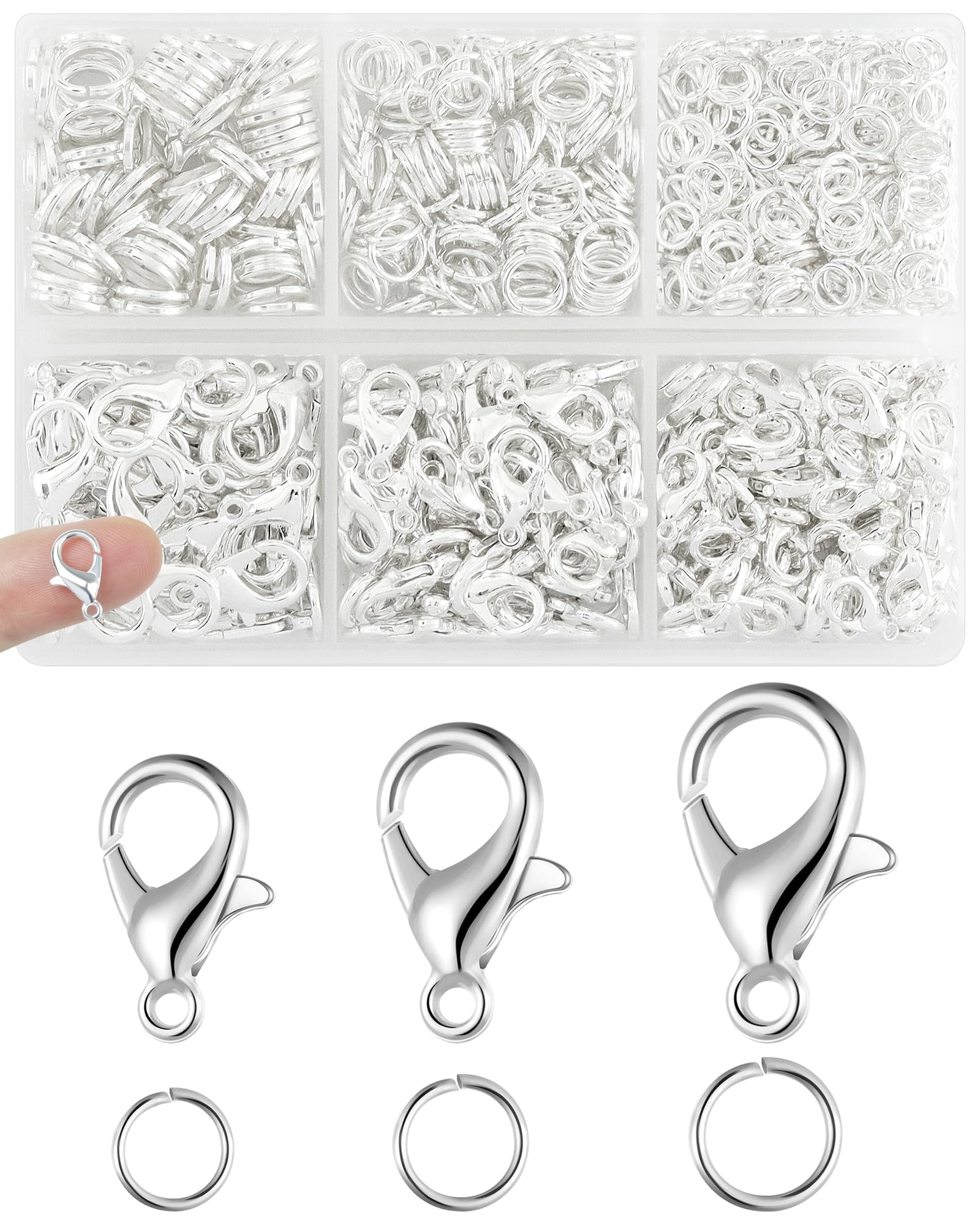 900PCS FIVEIZERO Lobster Claw Clasps and Jump Rings Set - Silver Jewelry Clasps for Necklace, Bracelet, Keychains, and DIY Jewelry Making Supplies