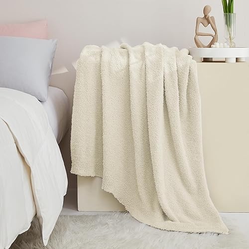 Vista 4 de CYMULA Manta de Punto Súper Suave Tamaño Throw Beige - Ligera Afelpada Esponjosa Mullida Cálida Acogedora Mantas y Throws para Sofá Cama Uso