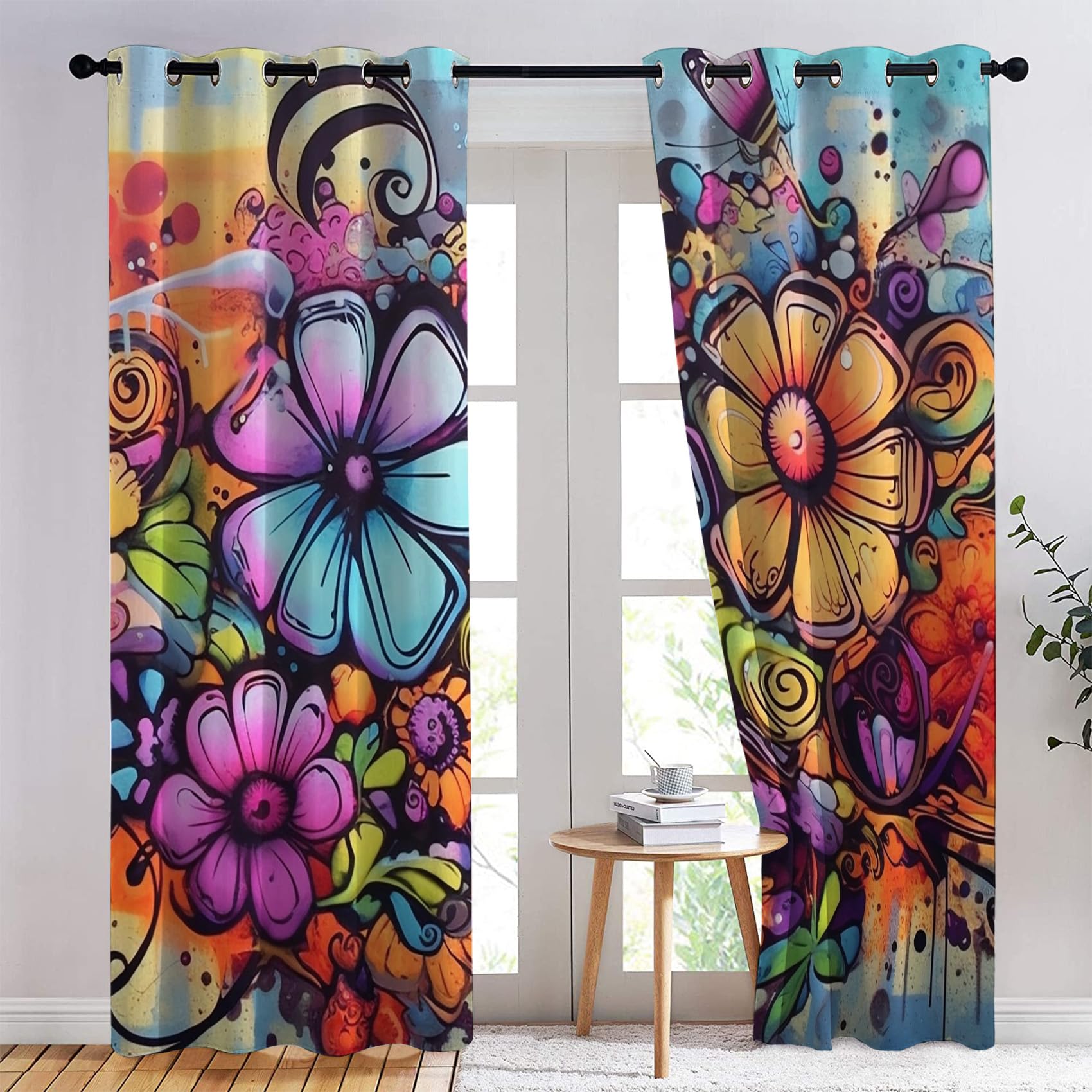 Rideau Occultant Graffiti, Rideau Isolant Thermique pour Salon Chambre, Rideaux Motif Floral, Rideau Opaque à Oeillets, Lot de 2 Rideaux et Draperies Intérieur 140x240cm LxH