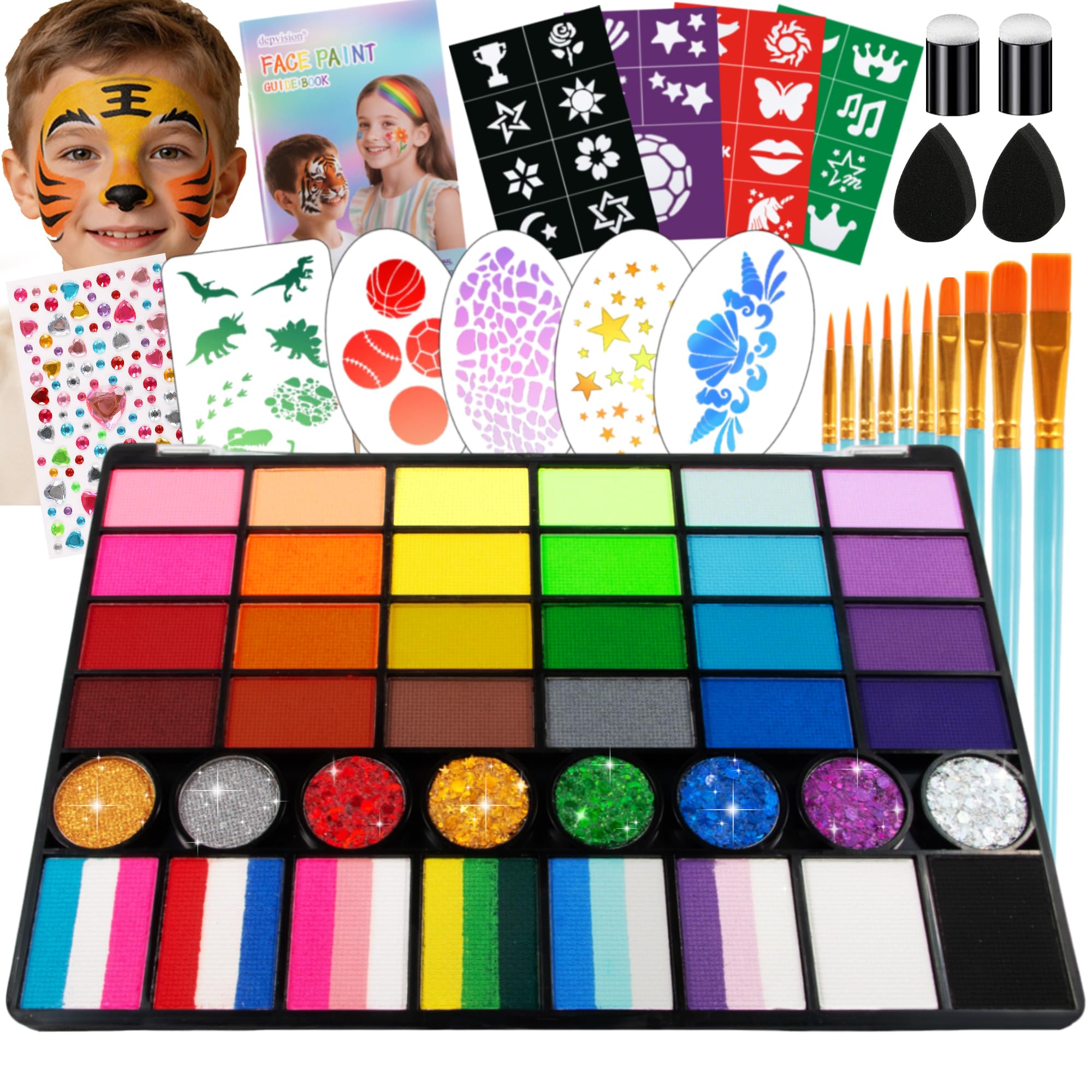 Face Painting Kit for Kids, 52 Colors Professional Face Paint Makeup Kit Non-Toxic Water Activated Facepaint Palette, glitter gel, brushes, sponges, stencils for party Halloween School Event Festivals