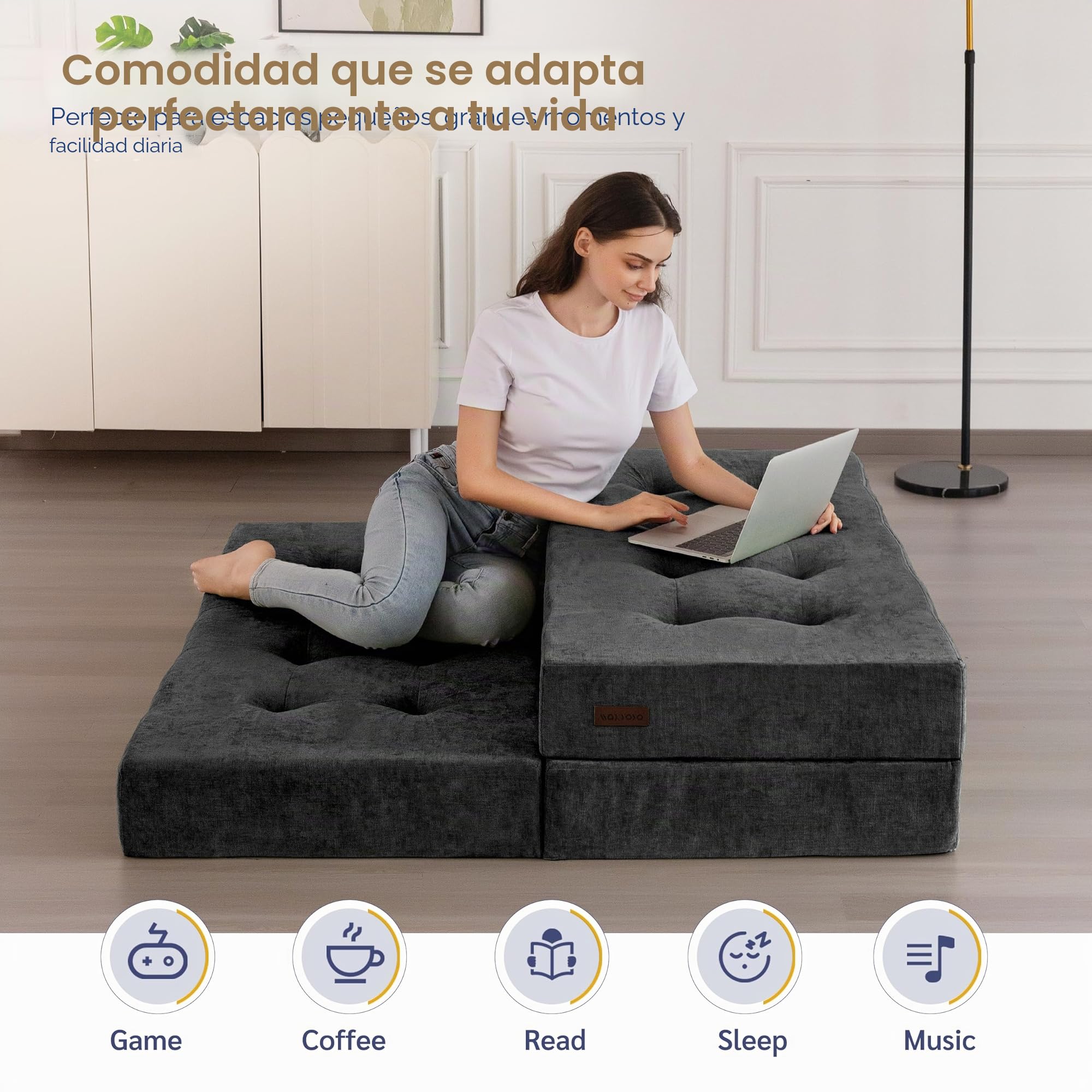 MAXYOYO Colchón Plegable Doble, Cómodo Futón de 15 cm con Tela de Chenilla, Sofá Cama Plegable de Tres Partes para Invitados, Cubierta Portátil para Camping