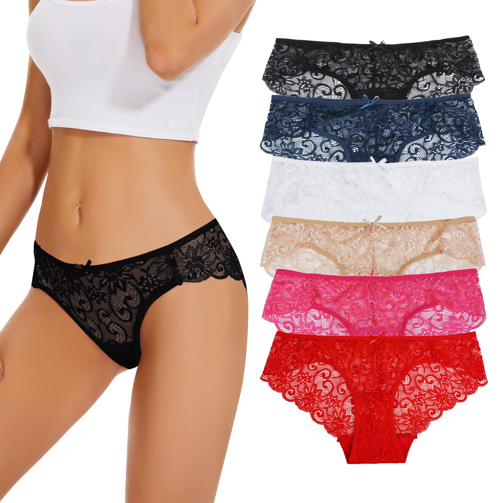 Evolyline Unterhosen Damen Spitze Unterwäsche Frauen Hipster Unterhose mit Spitzen Damen Slips Mehrpack Underwear Women weich Pantys 6per Pack