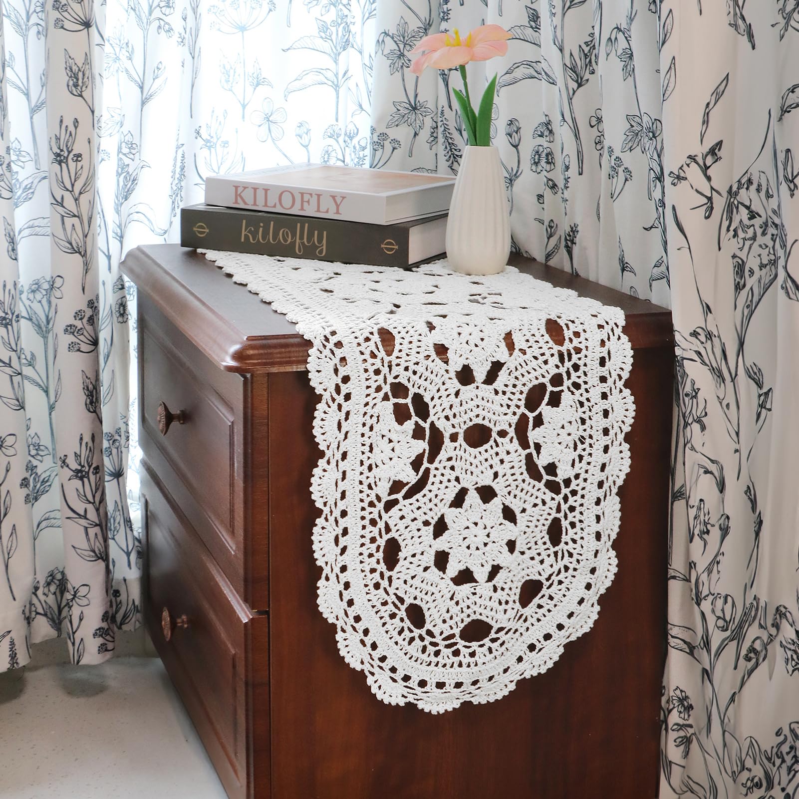 kilofly Handmade Crochet Cotton Table Runner Tablecloth, 12 x 59 inch, White