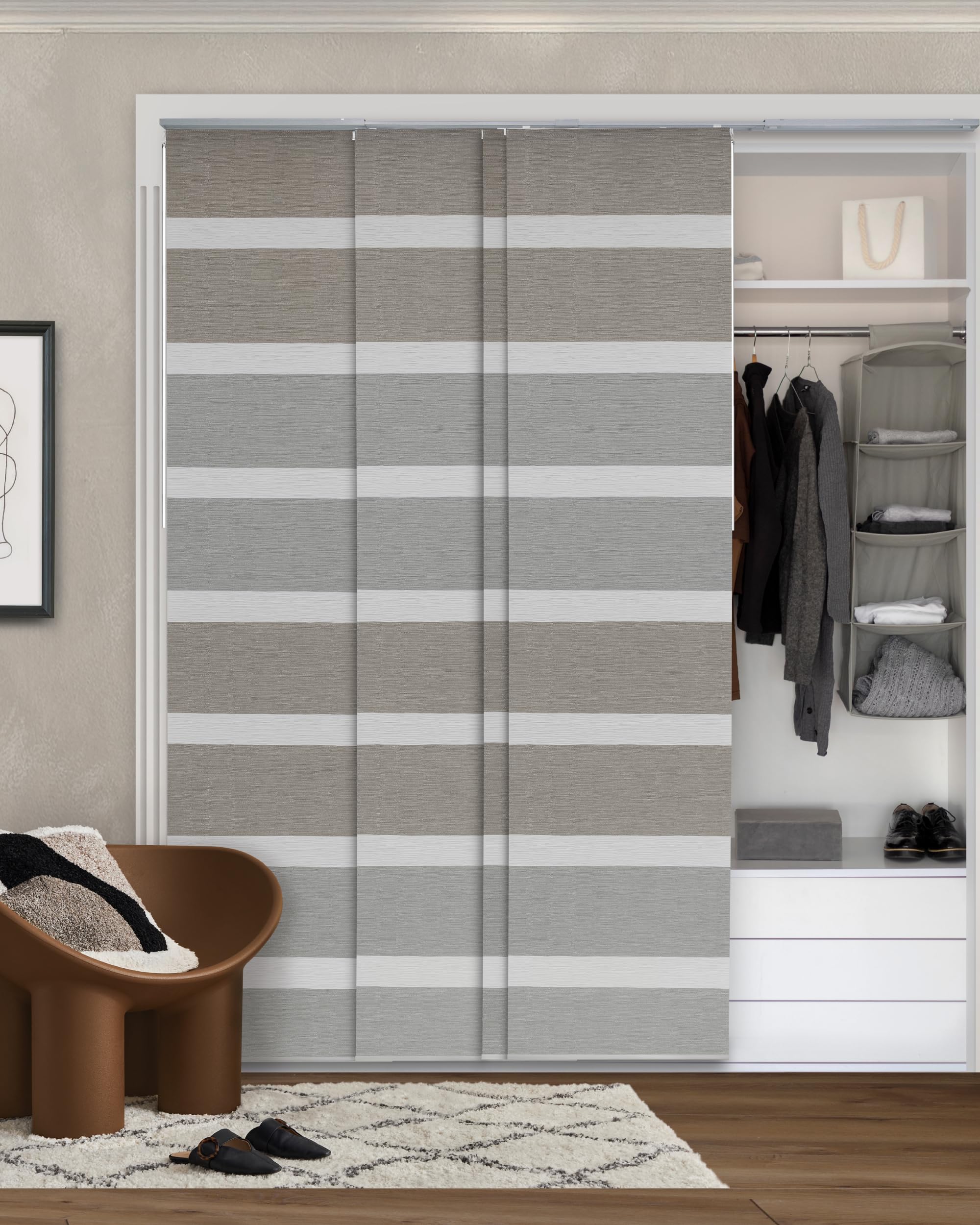 GoDear Design Adjustable Vertical Blinds, 45.8"-86" W, Up to 96" H, Extendable Track for Sliding Patio Doors, Trimmable Woven Panel Curtains, Limestone