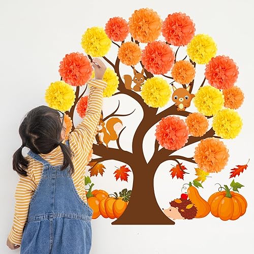 Miniatura 6 de Juego de tablones de anuncios de árbol de primavera para aula, recortes de árbol verde 3D de primavera con pompones de papel, cortes de papel para