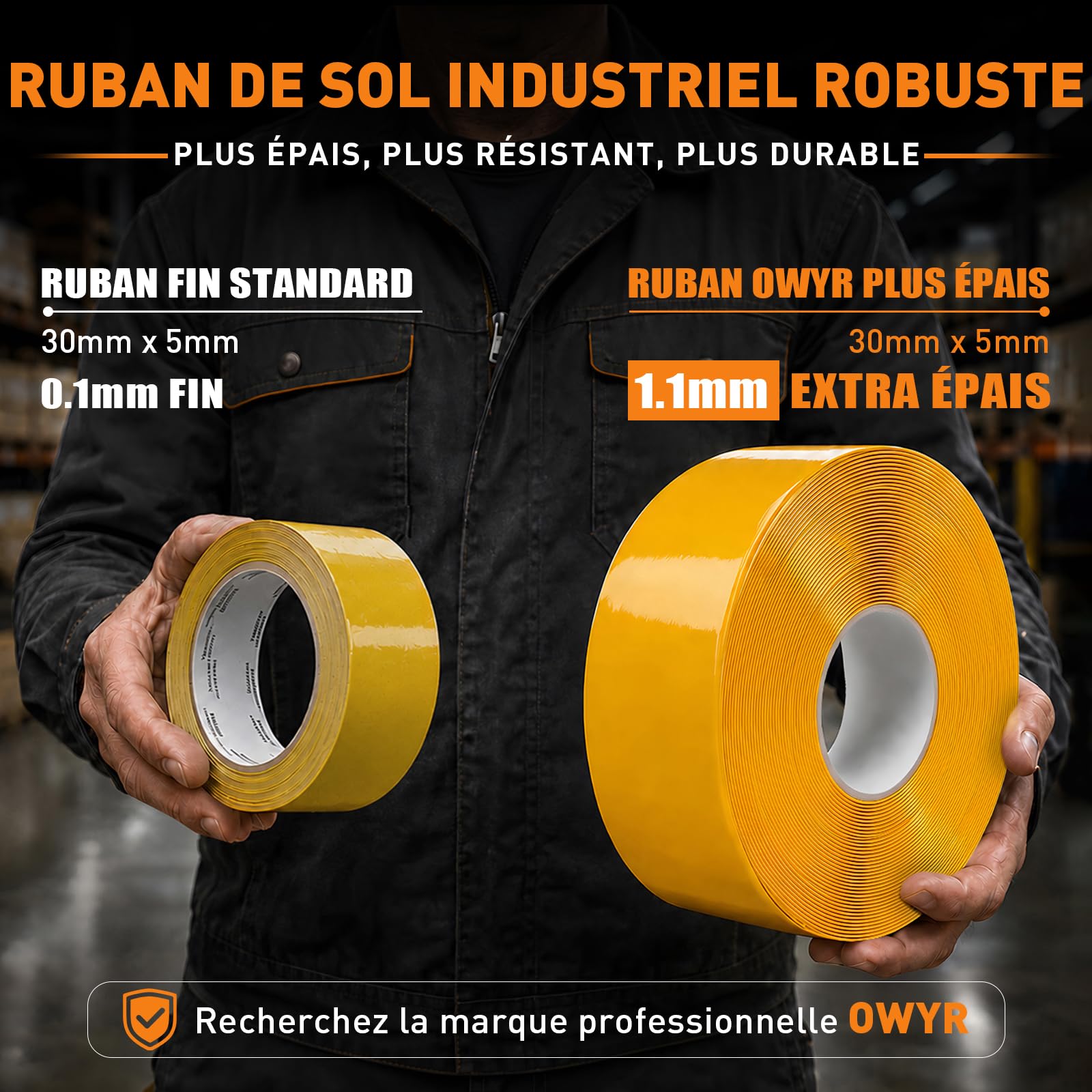 Ruban de Marquage au Sol, 1,1 mm épais, 50 mm x 30 m, Jaune | Renforcé et Résistant à l'usure, Forte Adhérence, Pour Entrepôt, Atelier et Industrie