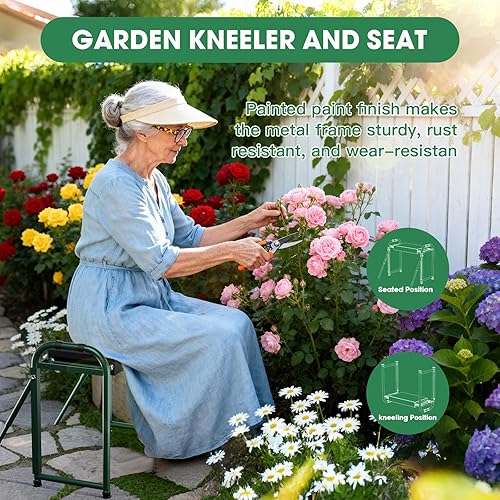 Miniatura 11 de Taburete de jardín resistente y asiento para ancianos, taburete de jardinería plegable de capacidad de 400 libras con patas de apoyo y almohadilla