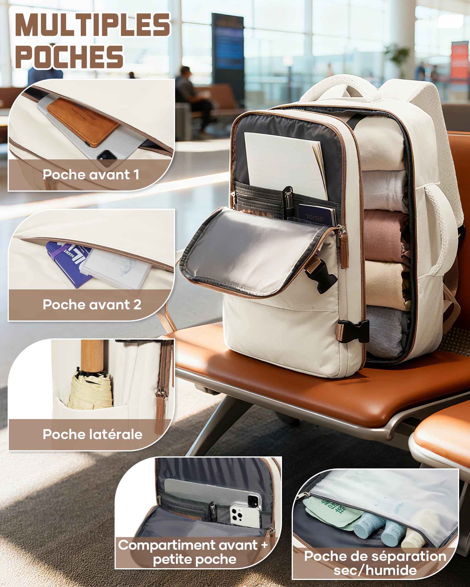 suradar Bagage Cabine 40x30x20 Sac Ryanair Sacs a Dos Voyage Cabine Avion 40x30x20 pour Wizzair Eurowings avec Sac Humide Sacs à Dos Ordinateur Portable 14 Pouces Homme Femme Beige et marron