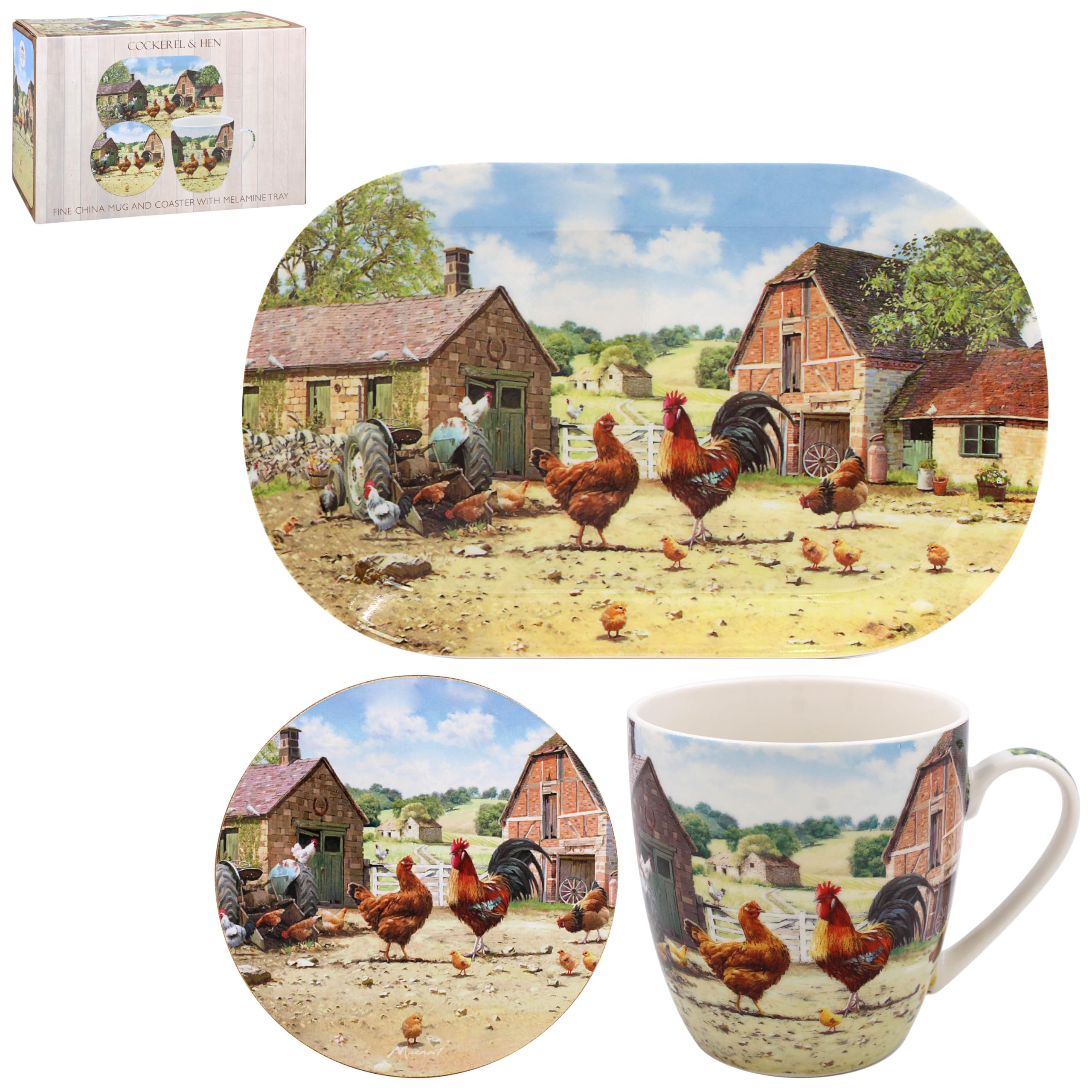 Mug Coaster Tray Tea Set Cockerel & Hen Kitchen Tableware Farm Print Design