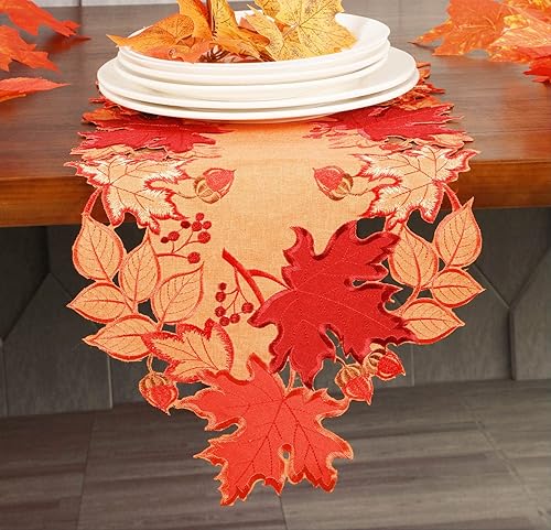 Miniatura 7 de GRANDDECO Camino de mesa para el día de Acción de Gracias de otoño de 13 x 34 pulgadas con hojas de arce para otoño, cena familiar, decoración de