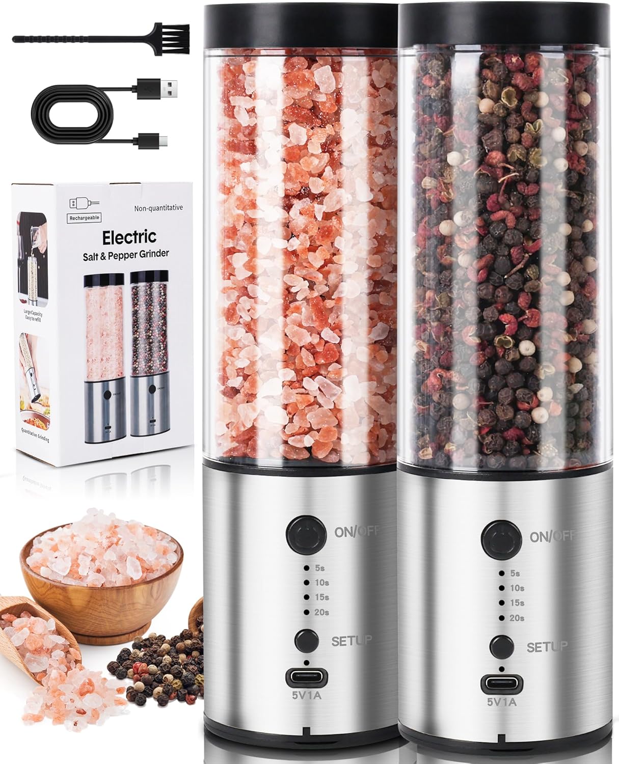 Electric Salt and Pepper Grinder Set, 240ML Large Capacity Rechargeable Salt & Pepper Mill, Stainless Steel Adjustable Coarseness, USB-C Charging - Kitchen Essentials, Birthday Gifts for Women. (2)