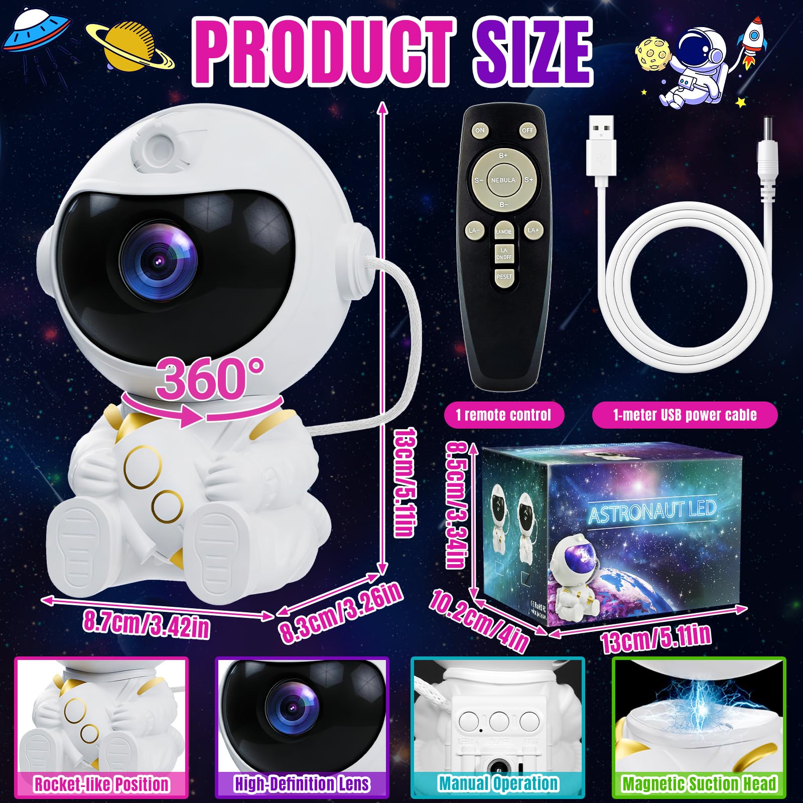 Astronaute Projecteur Ciel Étoilé, Astronaute Projecteur Galaxie avec Télécommande, LED Projecteur Ciel Etoile avec 8 Modes Nébuleuses & 1 Modes Étoiles, pour Décoration des Chambres