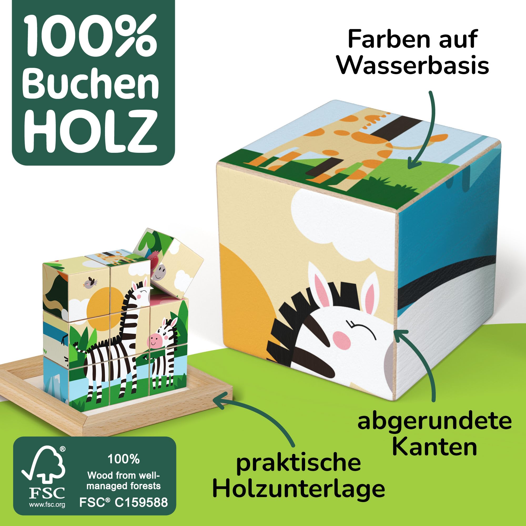 Merle Toys® 6-in-1 Würfelpuzzle ab 2 Jahre, 100% FSC-Buchenholz, Würfelpuzzle ab 3 Jahre, Bilderwürfel Holzpuzzle ab 2 Jahre, 4,5 cm große Würfel, Puzzle mit abgerundeten Ecken und Bildvorlagen, Löwe
