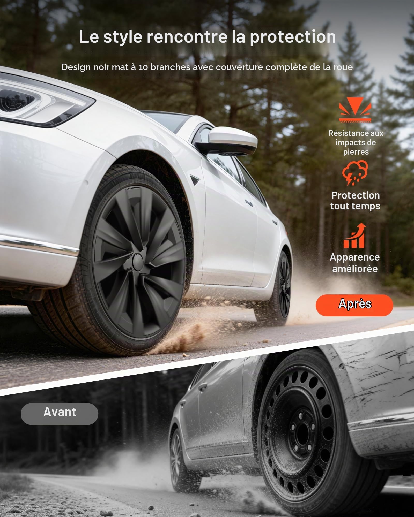 VEVOR Enjoliveurs Auto Compatible avec Tesla Model Y 2025, Cap de Roue 4 Pièces, Remplacement pour Jante R19 de 48,3 cm Protection des Roues, 10 Rayons, en ABS, Fixation par Clipsage, Noir Mat
