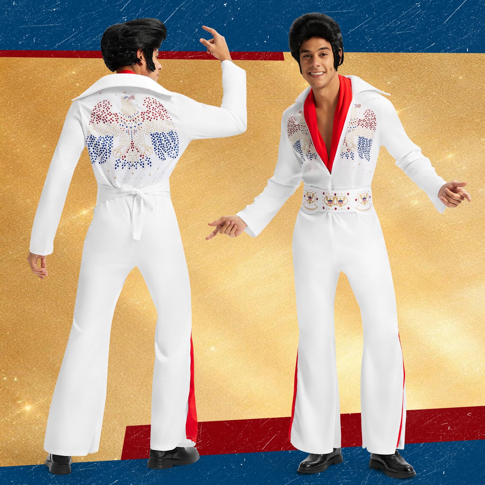 Ulikey Disfraz Elvis Presley Adulto, Disfraz Disco Hombre de Años 70 con Peluca de Elvis, Gafas de Sol, Micrófono, Bufanda Roja Disfraz de Rey Rock Hombre para Carnaval