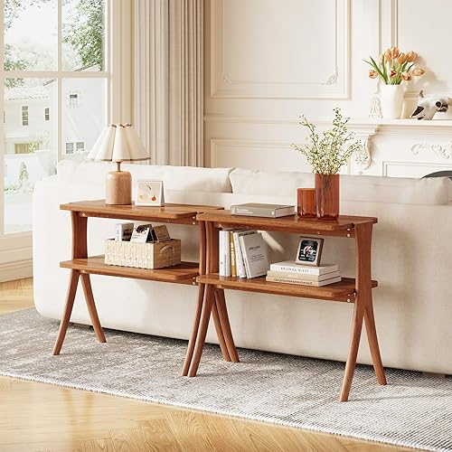 Miniatura 4 de LITTLE TREE Mesa auxiliar estrecha, mesa auxiliar de granja de 2 niveles con patas de madera maciza, mesa auxiliar pequeña, ahorra espacio para sala