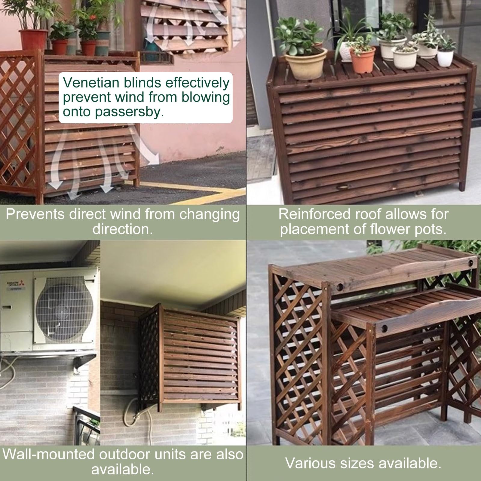 Funda de madera para aire acondicionado exterior, diseño sin excavación, soporte para macetas, 4 paneles, marrón, 80 x 32 x 70 cm, protector de jardín resistente a la intemperie