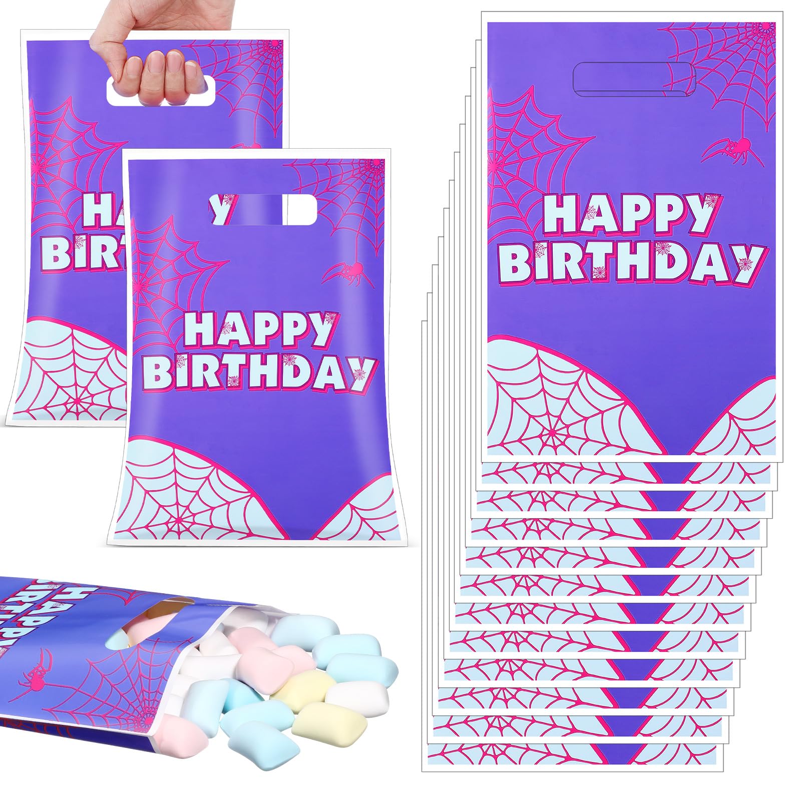 50 Pcs Birthday Party Favors Goodie Bags Cartoon Candy Gift Bags for Cartoon Theme Party Decorations Goodie Supplies Halloween Treat Bag Baby Shower Favors(Purple,Spider)