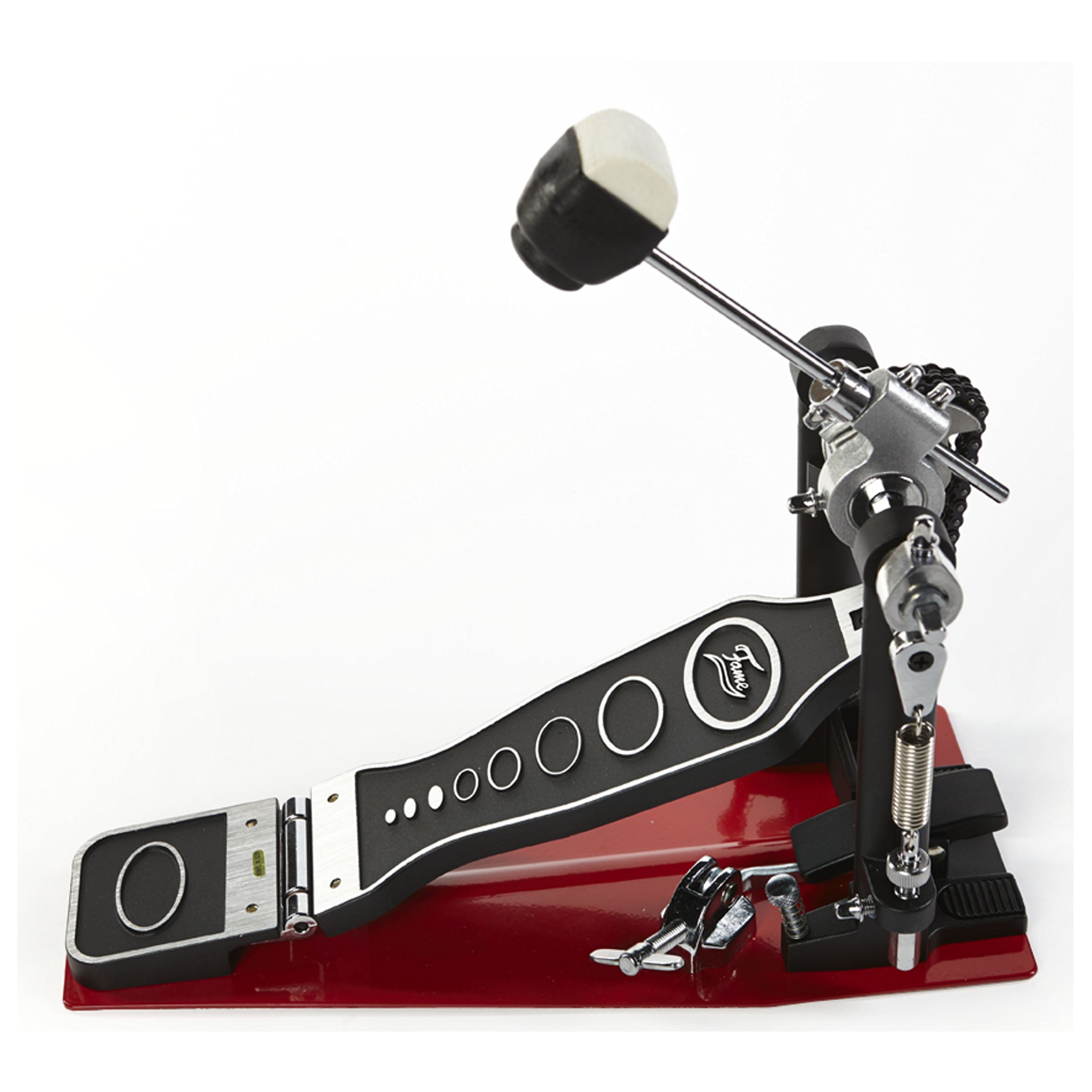 Fame FP9001 Fußmaschine, Professionelles Bass Drum Pedal, Robuste Konstruktion, Einstellbare Federspannung, Hohe Belastbarkeit, Schwere Bodenplatte, Vielseitige Einstellungsmöglichkeiten, Hoop Clamp