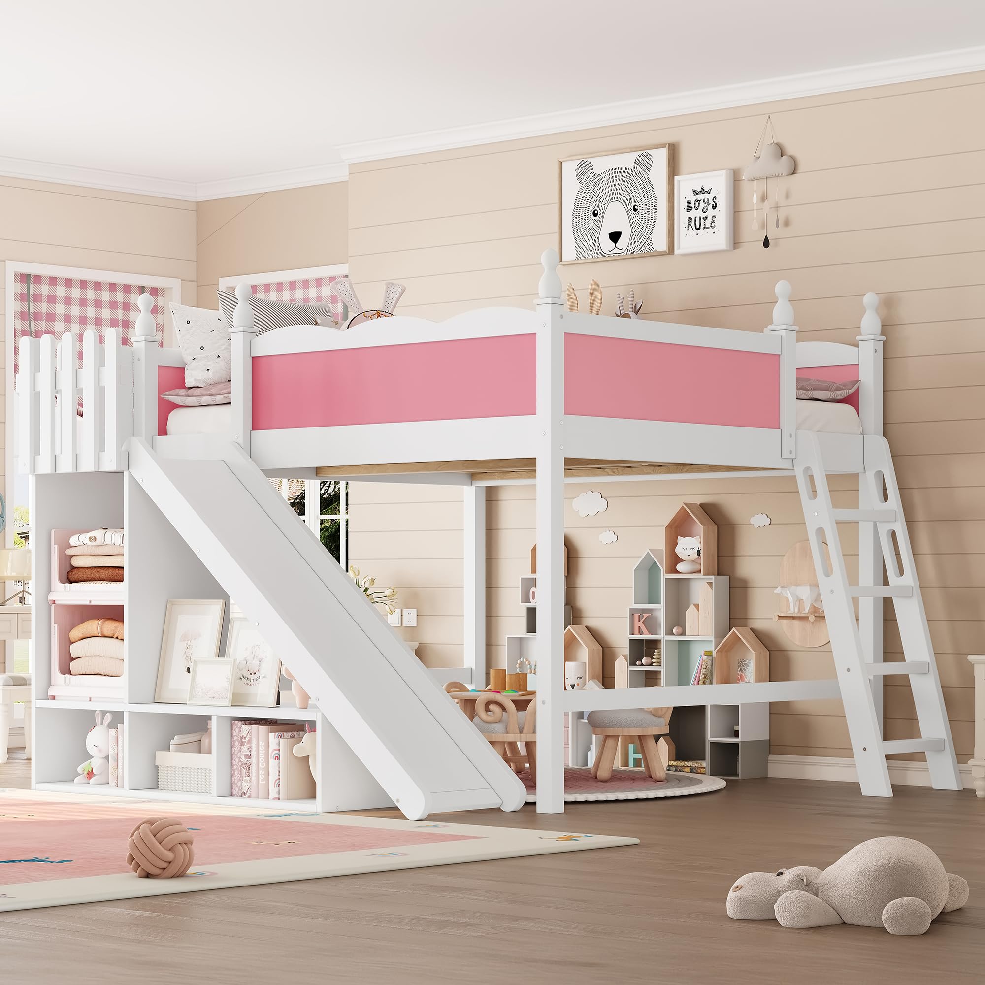 Queen Size Loft Bed with Storage Shelves, Cabinet &amp; Detachable Slide and Ladders, Solid Wood Kids Loft Bed for Space-Saving, Playful &amp; Organized Bedroom (Light White+Pink1, Queen)