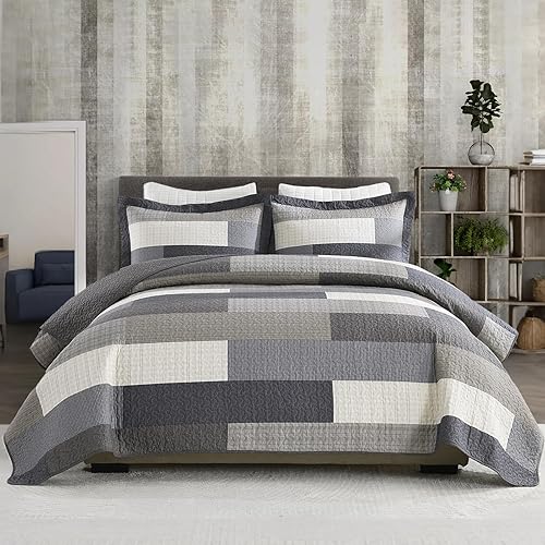 Miniatura 9 de SahSahCasa Edredón tamaño Queen, edredón acolchado a cuadros 100% algodón para cama Queen, colchas a rayas, ropa de cama ligera de retazos de granja