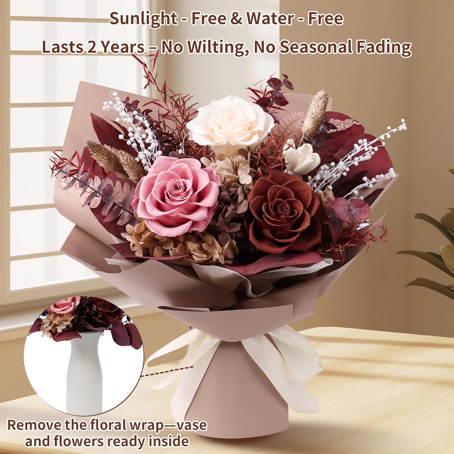 Preserved Flowers Bouquet, Real Eternal Flowers, Gifts For Women, Birthday Gifts For Mom Friends Her Girlfriend Sister, Valentine (Caramel) - Image 5