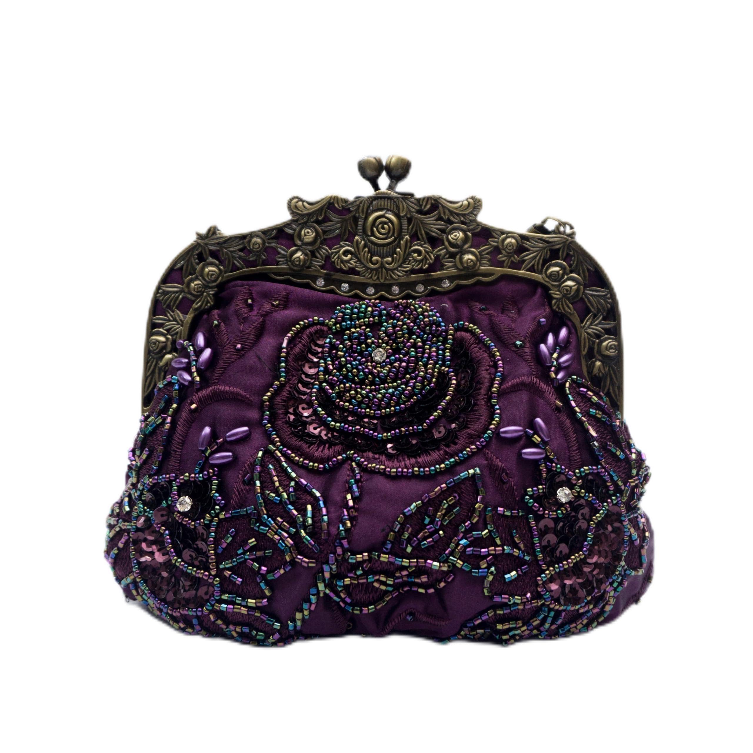 Vintage Perlen Rose Clutch Bag - Handgemachte Pailletten Abend Handtasche - Art Deco Kiss Lock Geldbörse für Hochzeit, Abschlussball, Party