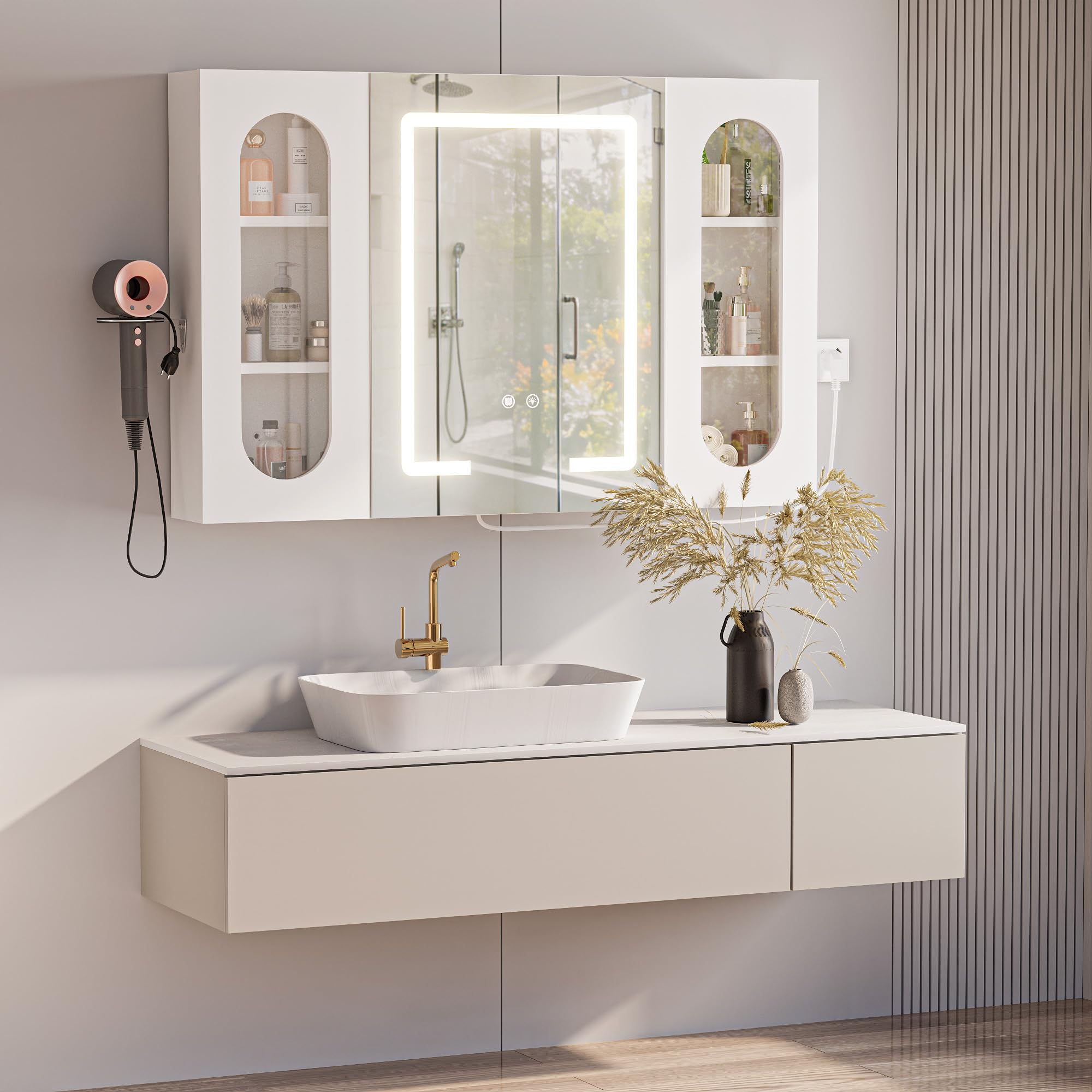 Armario Baño con Espejo LED iluminación y Función de desempañadora Armario Baño Espejo de Pared con Enchufe, 3 Compartimentos Grandes y Soporte para secador de Pelo, 100x65x16 cm