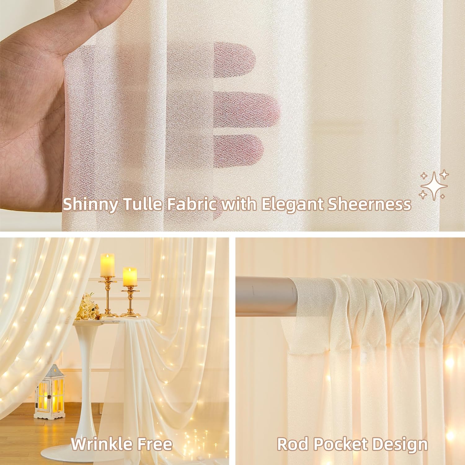 10x10FT Cream Wrinkle Free Backdrop Curtains with Lights String for Parties - Photo Curtain Backdrop with Lights for Wedding Decorations, Bridal Baby Shower Birthday Party Photography Background