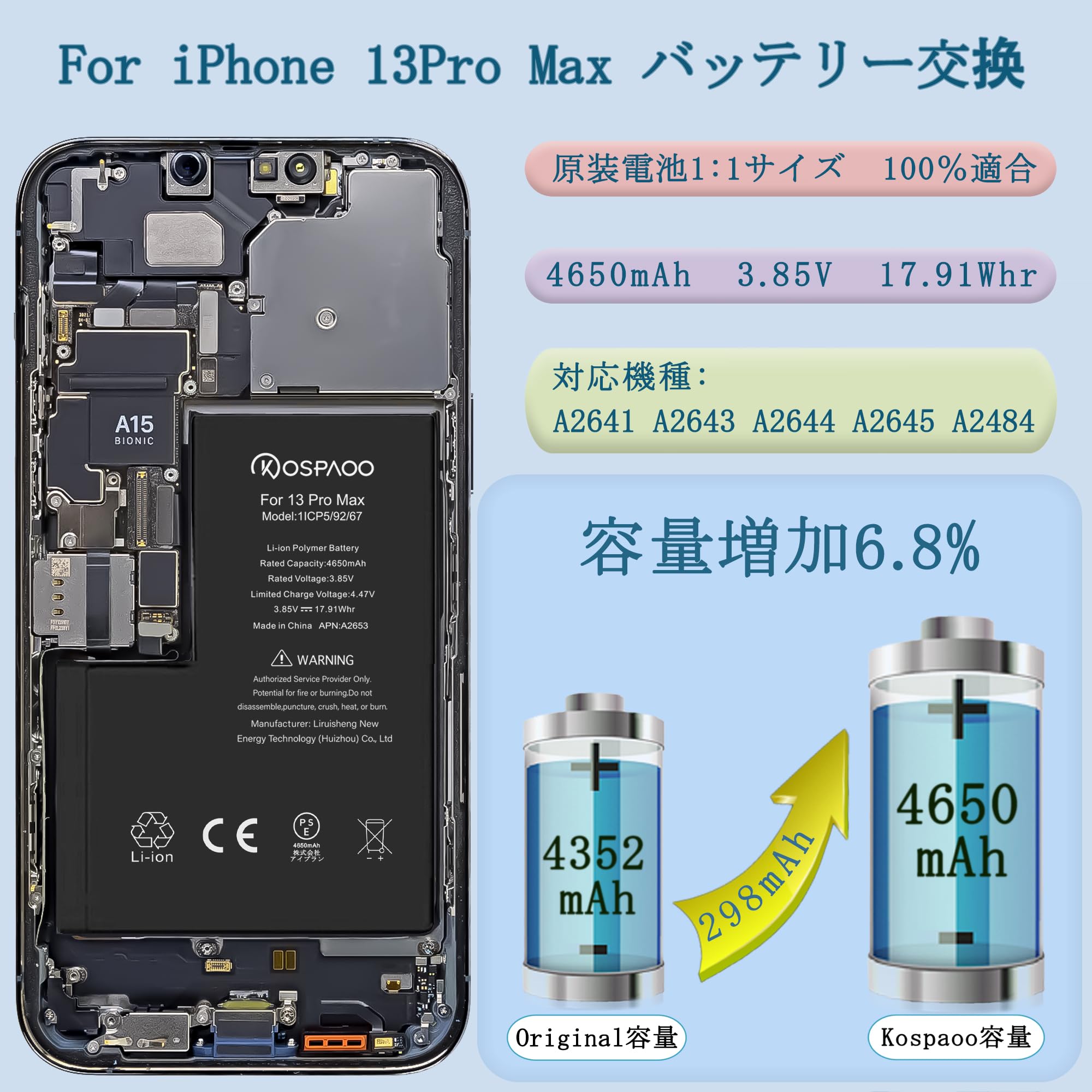 Amazon | KOSPAOO for iPhone 13Pro Max バッテリー 互換 大容量 