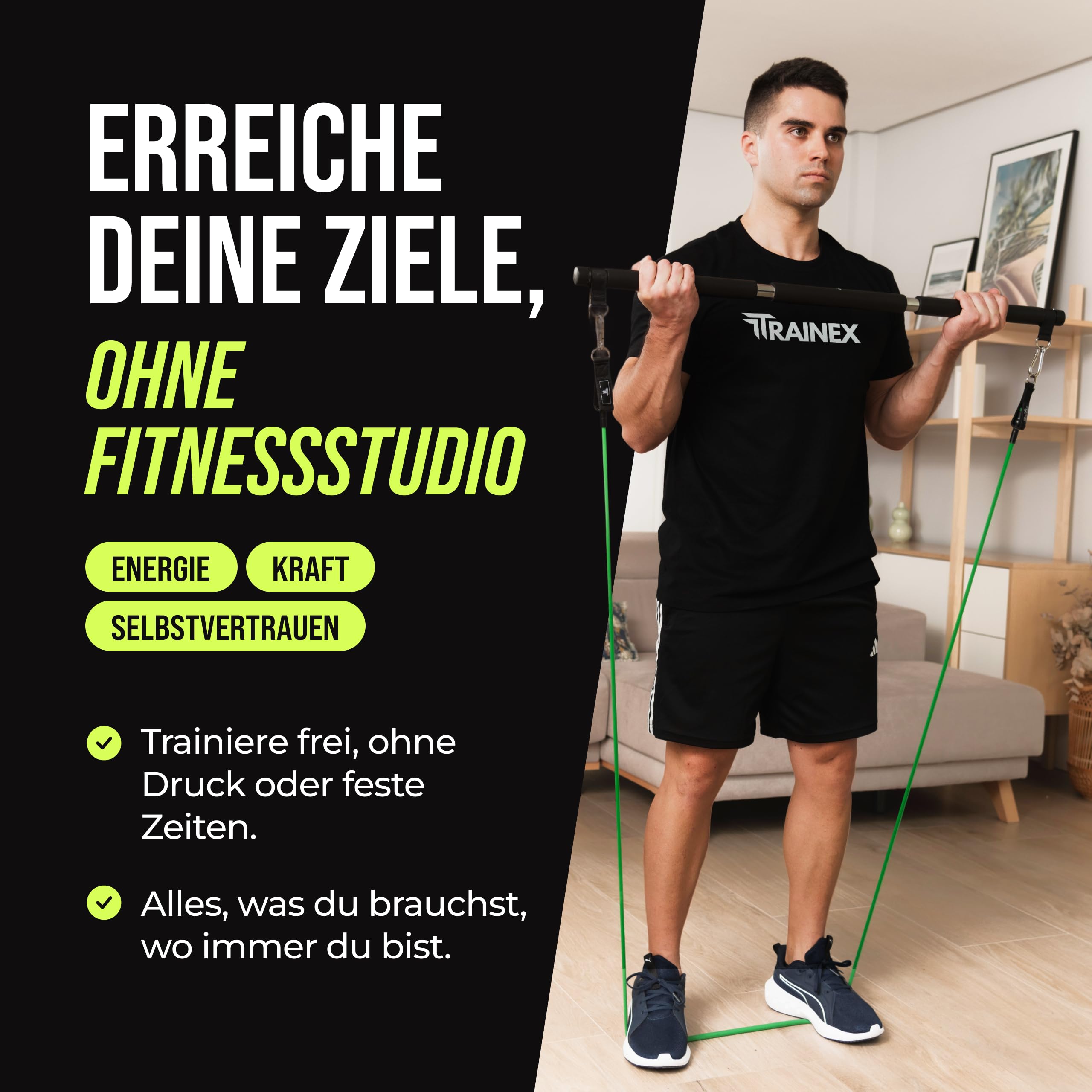 Fitnessbänder mit Trainingsstange | Widerstandsbänder Set bis 100 kg | Hochbelastbare Latex Trainingsbänder für Krafttraining | Kompaktes Home Gym für Zuhause