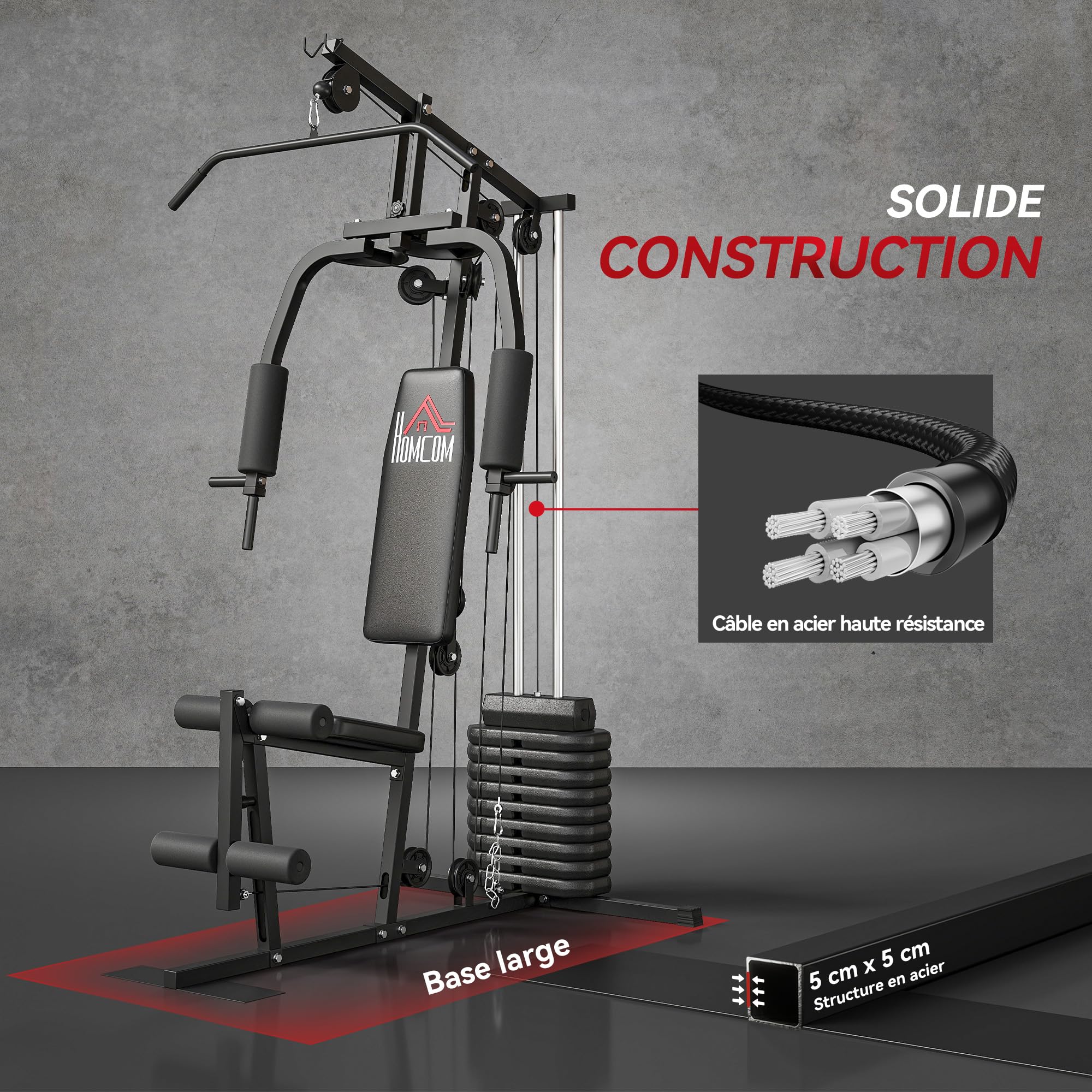 HOMCOM Station de Musculation Fitness Machine de Musculation avec 9 Blocs de Poids de 5 kg, 45kg au Total, entraînement Complet - 200 x 135 x 103 cm